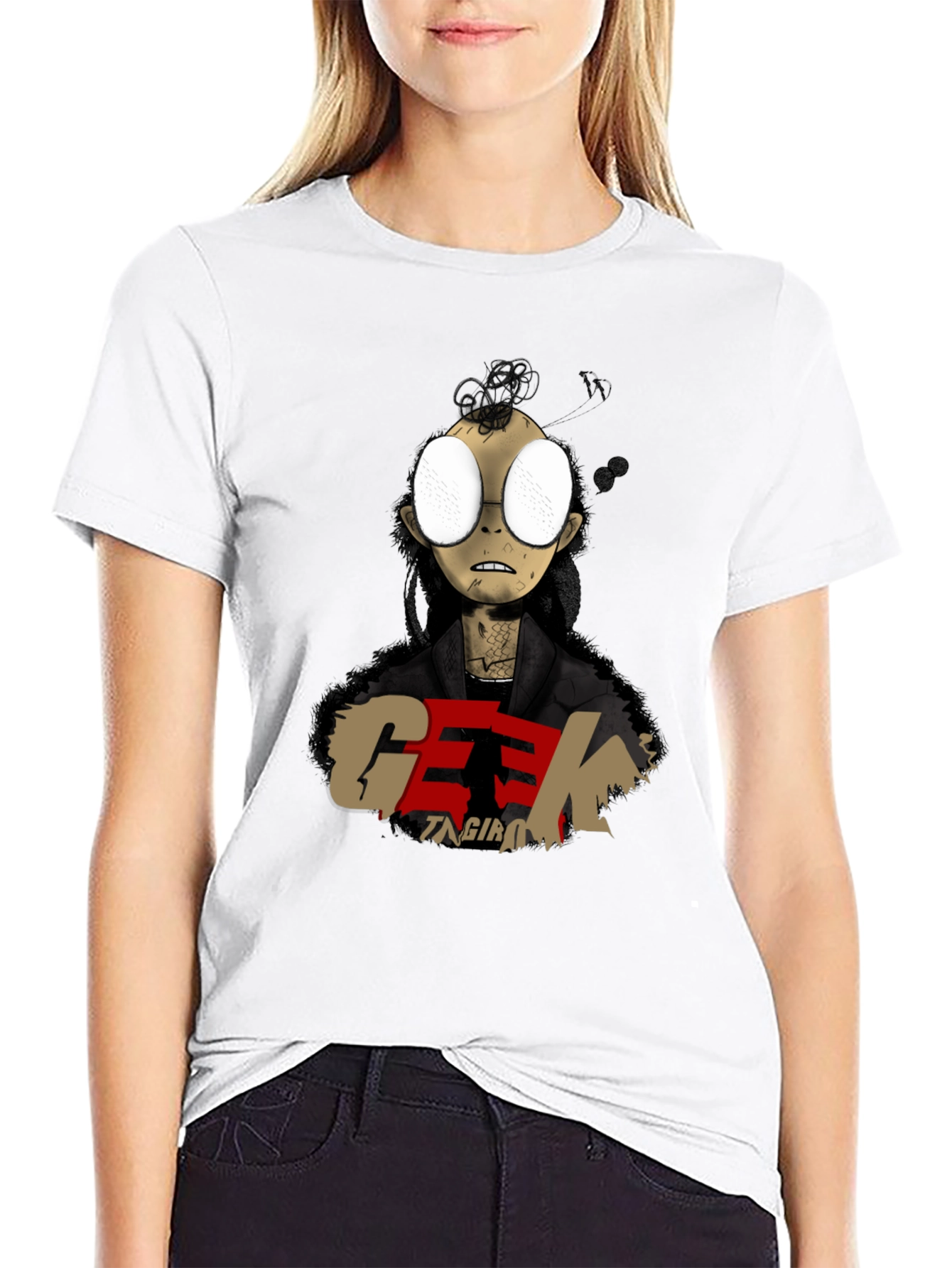 Geek Character Graphic Print Black T-Shirt