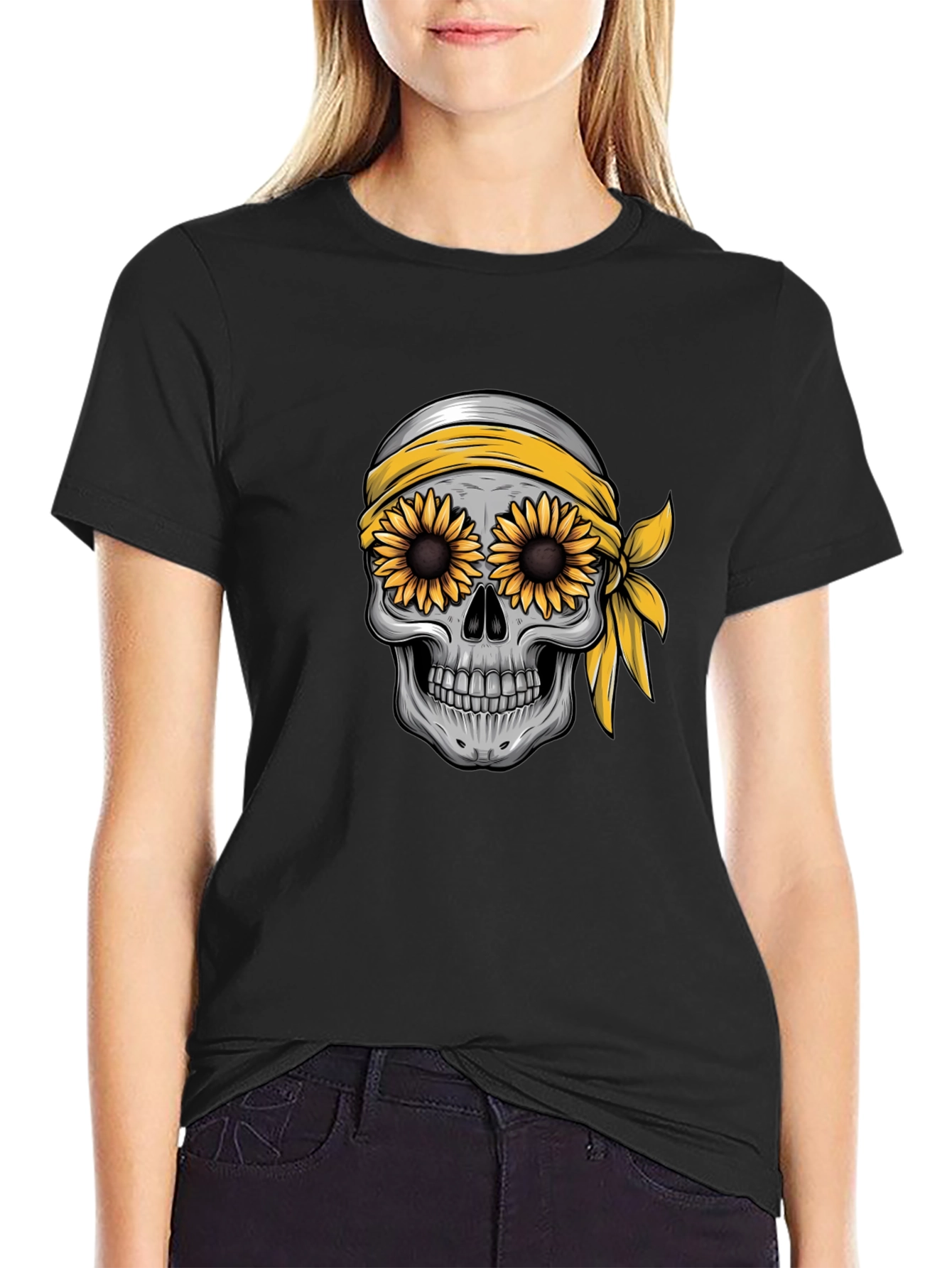 Skull Sunflower Graphic Tee - Black Cotton