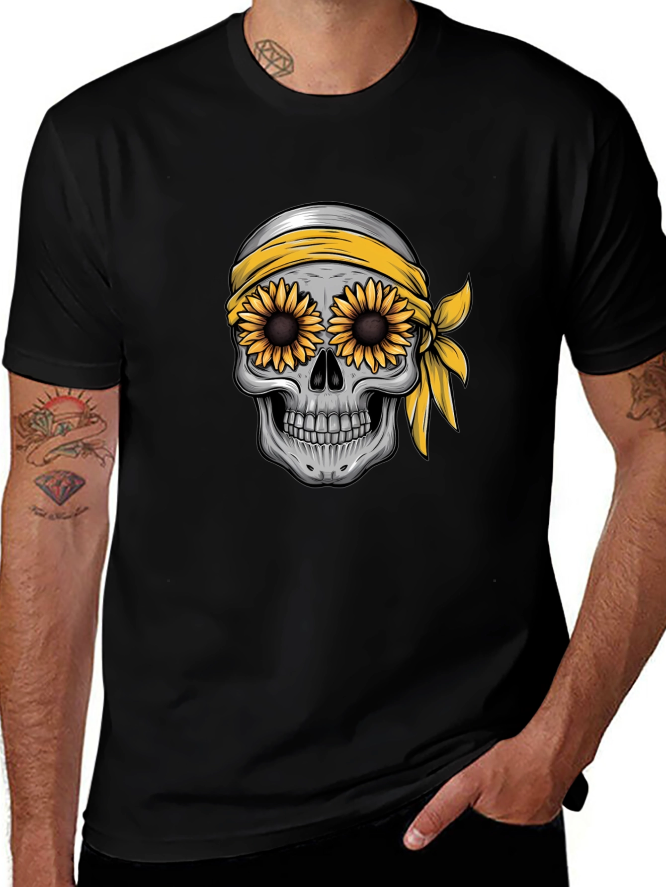 Skull Sunflower Graphic Tee - Black Cotton