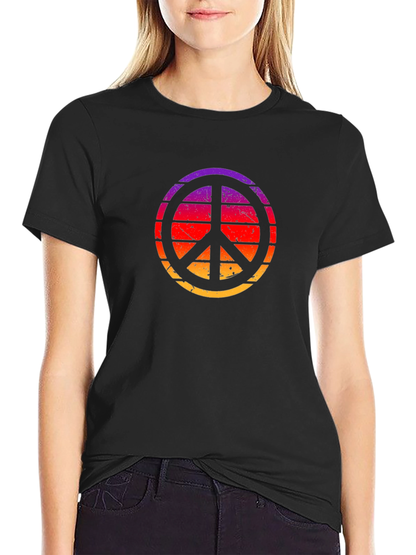 Retro Sunset Peace Sign Black T-Shirt