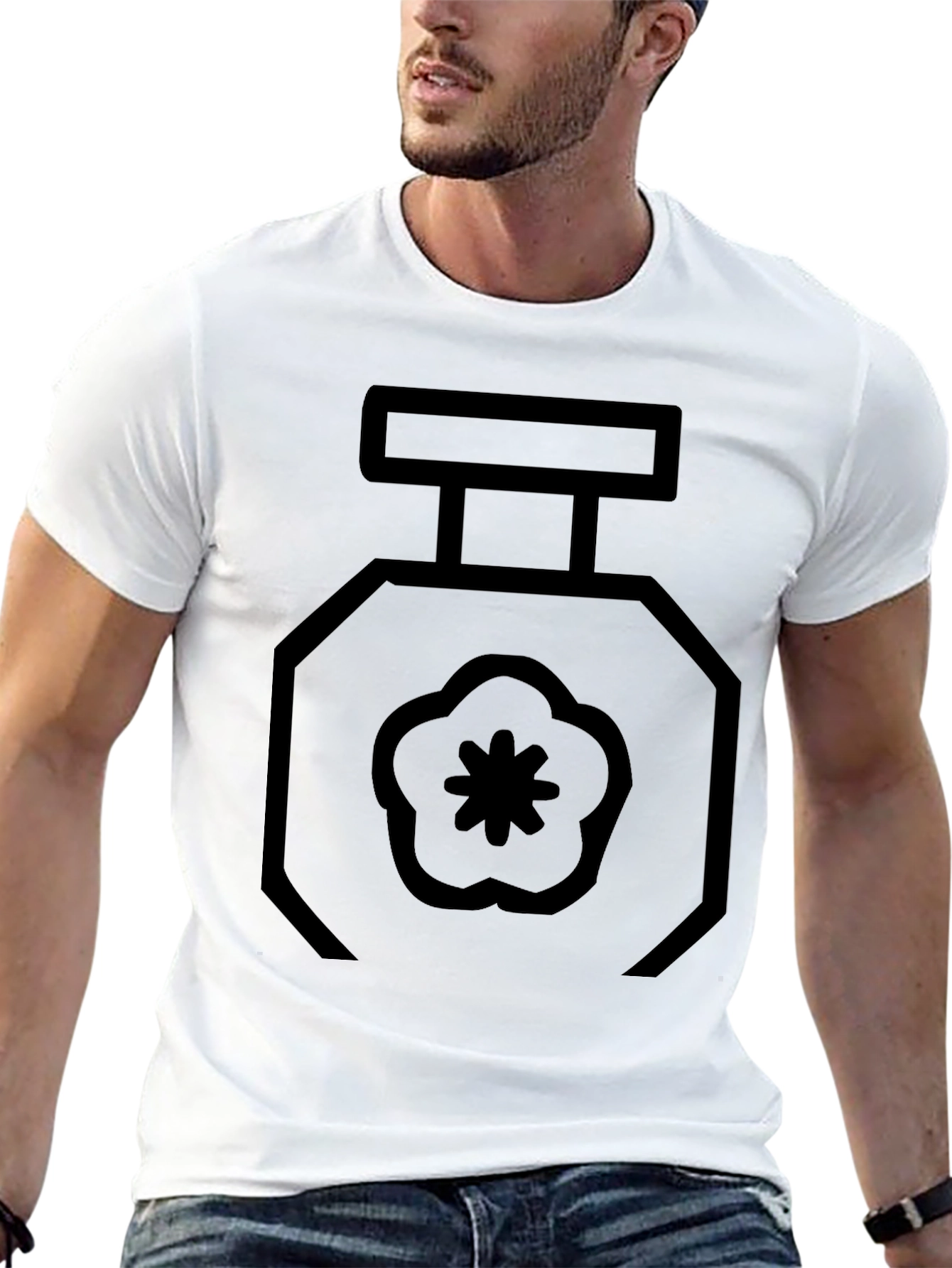 Black T-Shirt with Geometric Perfume Bottle Design