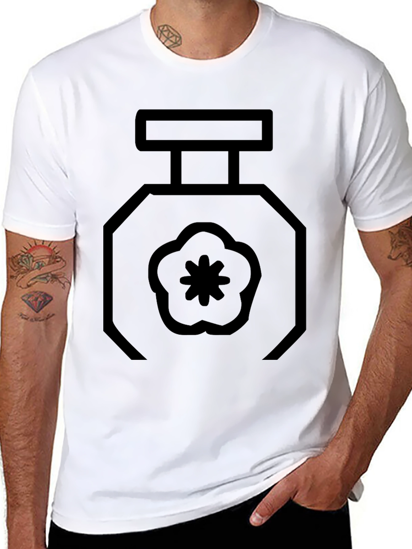 Black T-Shirt with Geometric Perfume Bottle Design