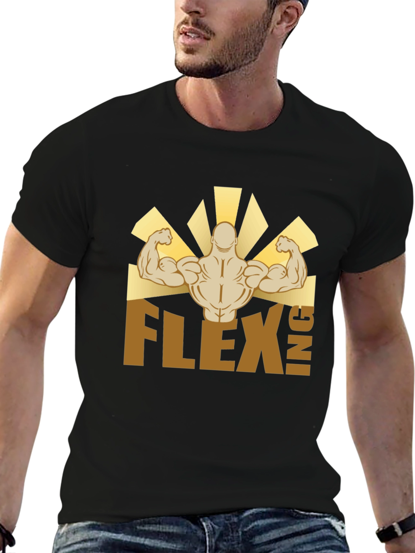 Flexing Graphic T-Shirt - Black Crew Neck Tee