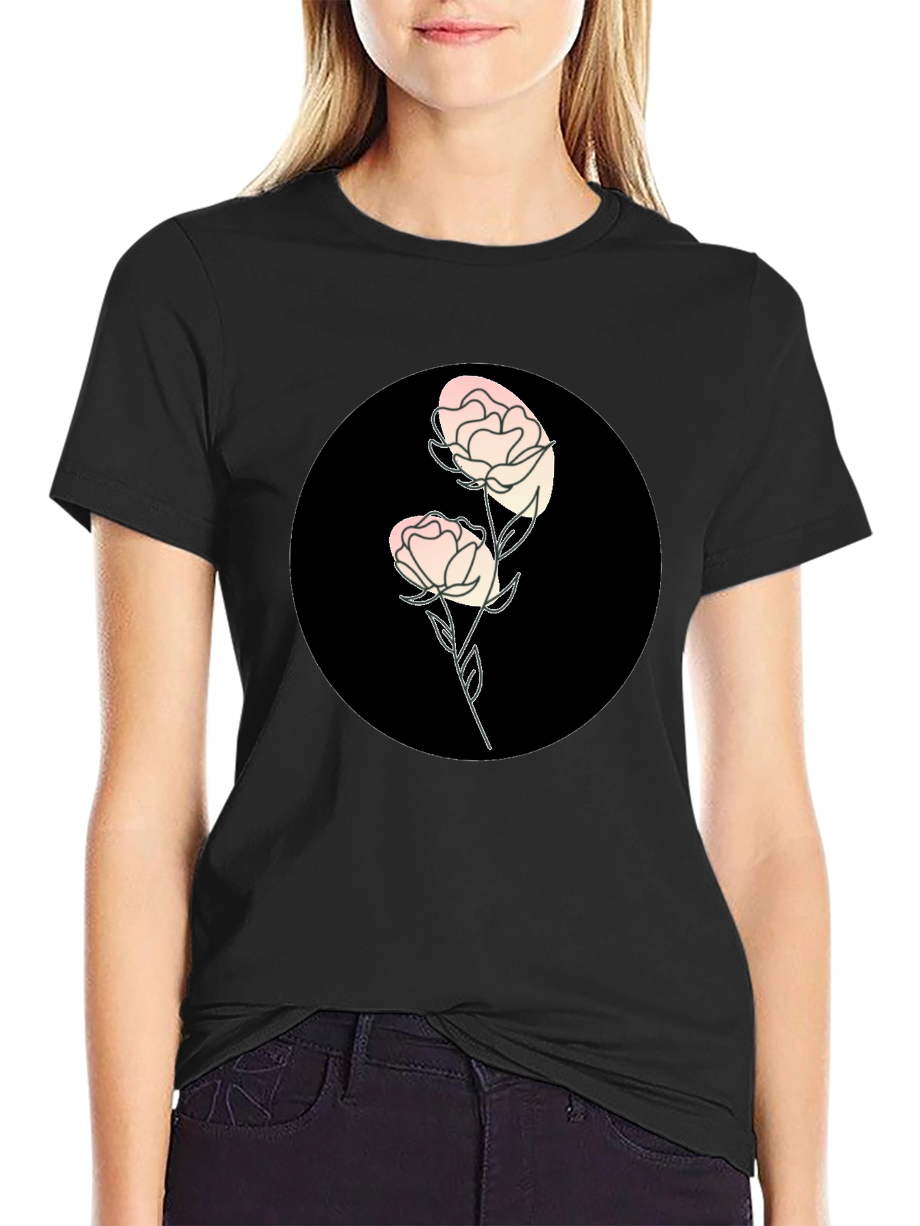 Black T-Shirt with Floral Design