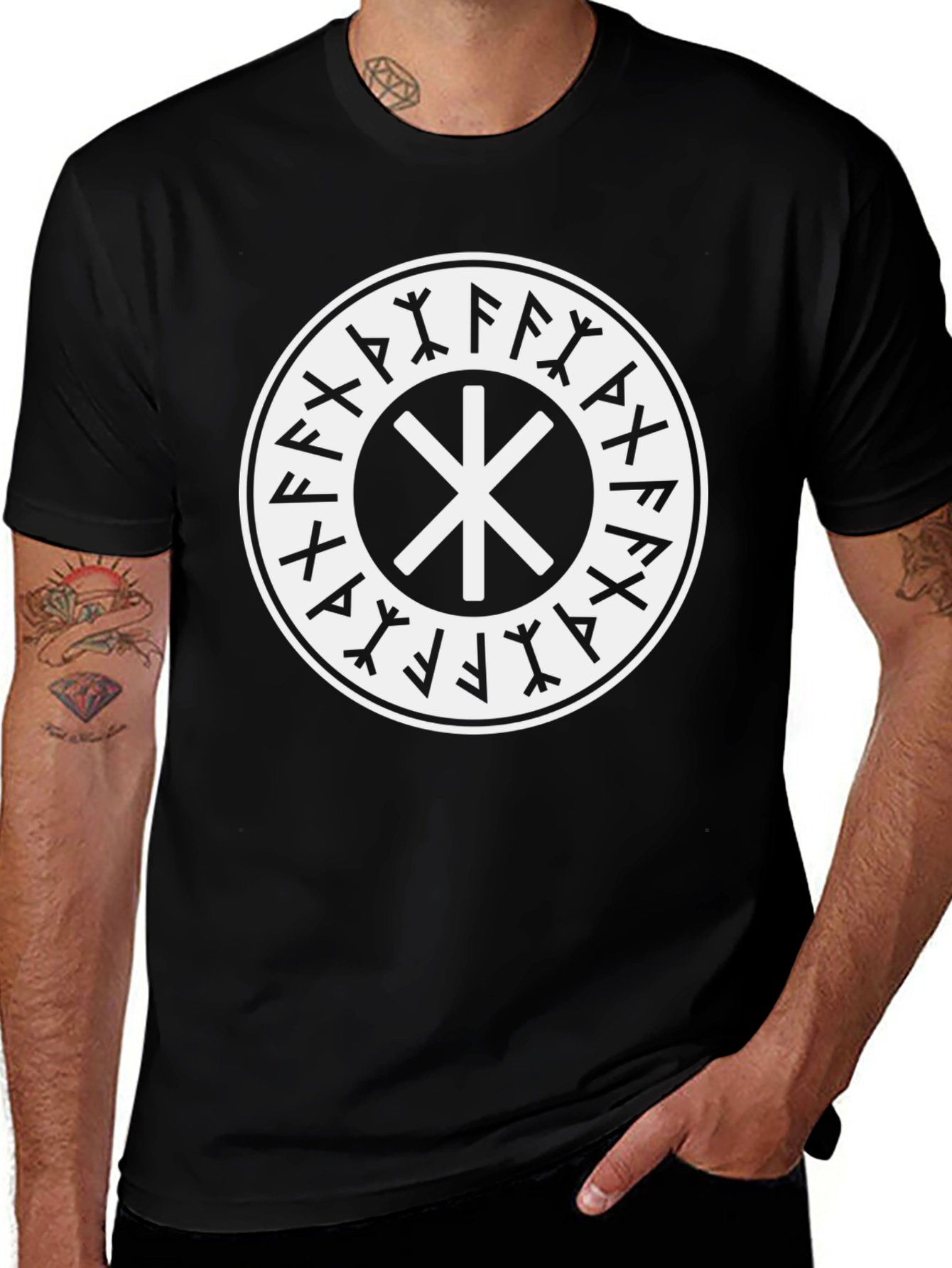 Black T-Shirt with Nordic Rune Symbol Graphic Print