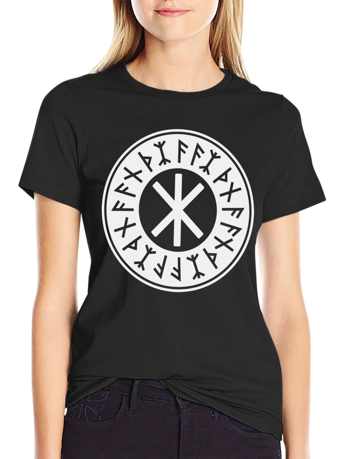 Black T-Shirt with Nordic Rune Symbol Graphic Print