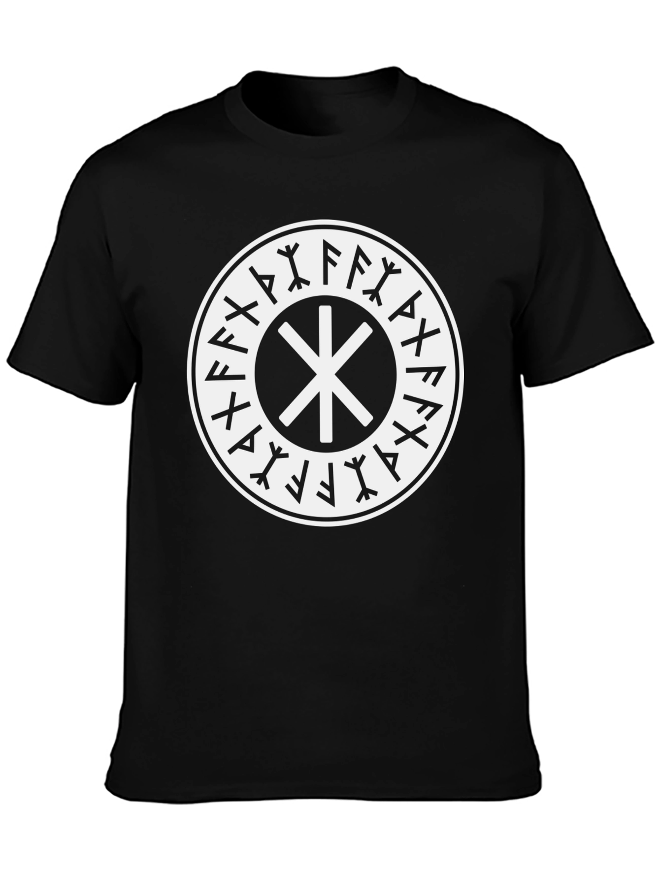 Black T-Shirt with Nordic Rune Symbol Graphic Print