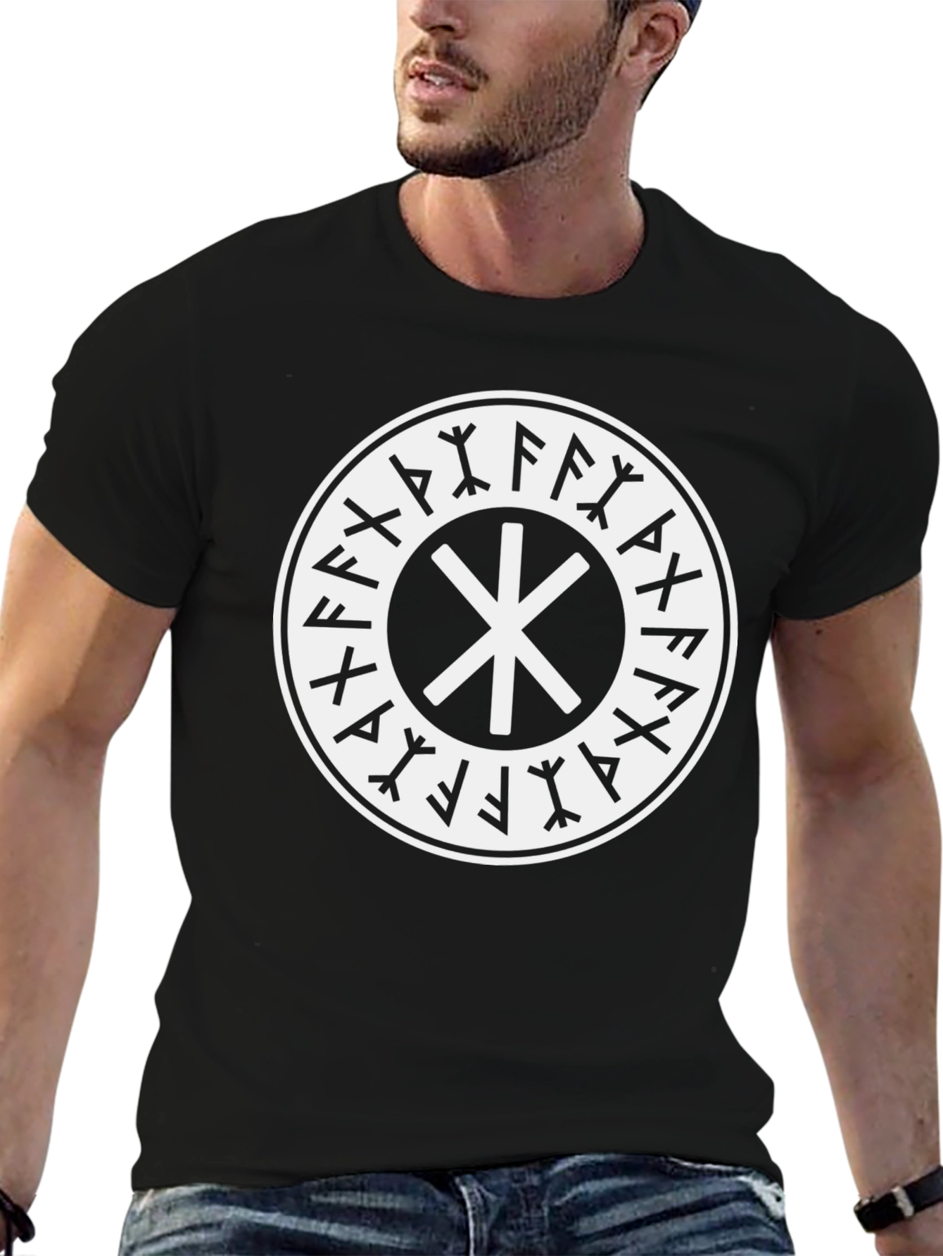 Black T-Shirt with Nordic Rune Symbol Graphic Print