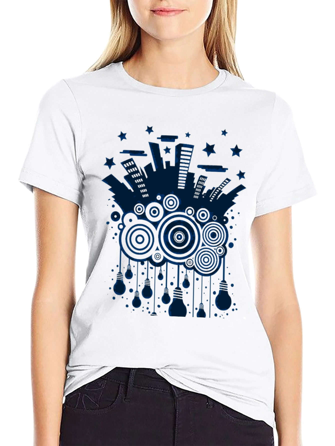 Abstract Cityscape Graphic Tee - Black Cotton T-Shirt
