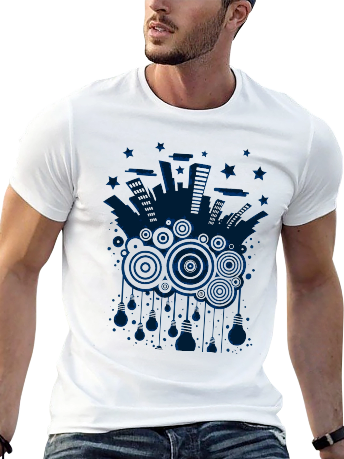 Abstract Cityscape Graphic Tee - Black Cotton T-Shirt