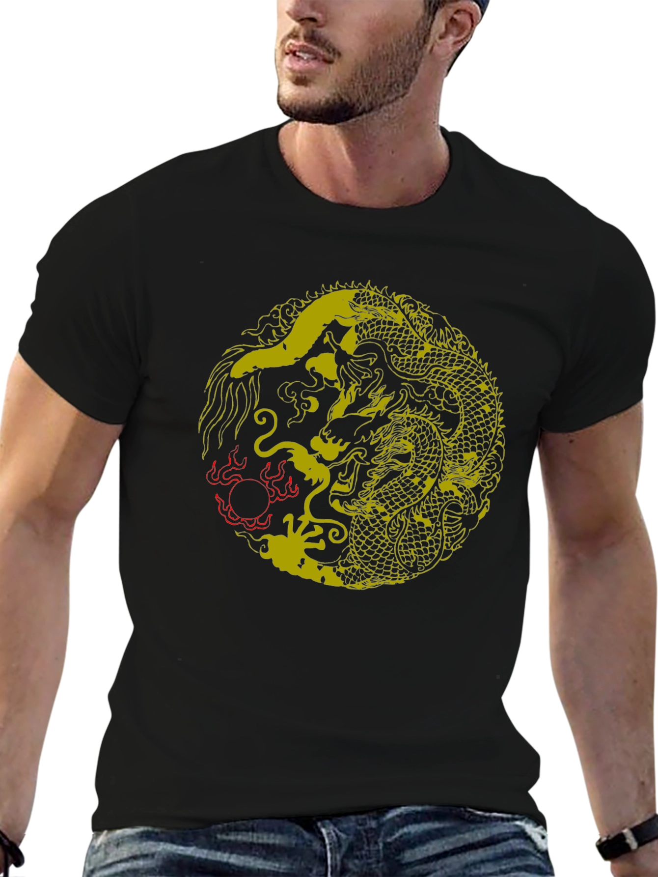 Yin Yang Dragon Graphic T-Shirt - Stylish Black Tee