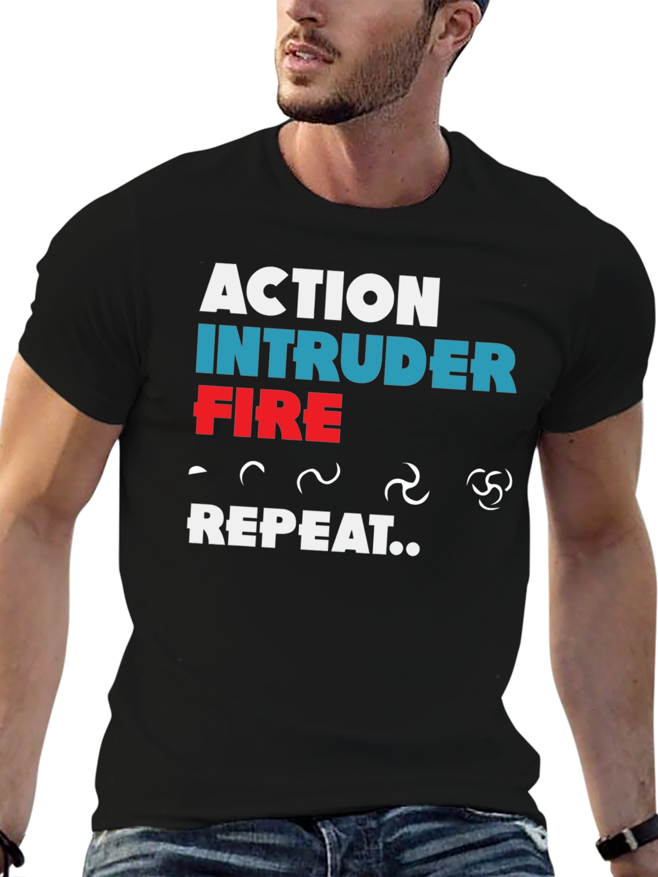 Action Intruder Fire Repeat Mens T-Shirt
