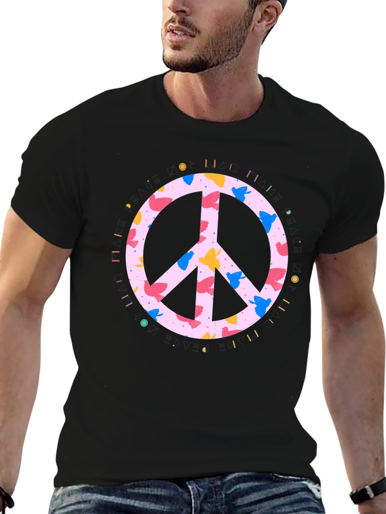 Peace Sign Bird Print Black T-Shirt