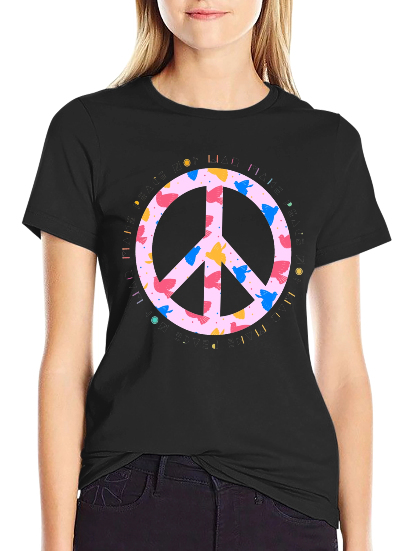 Peace Sign Bird Print Black T-Shirt
