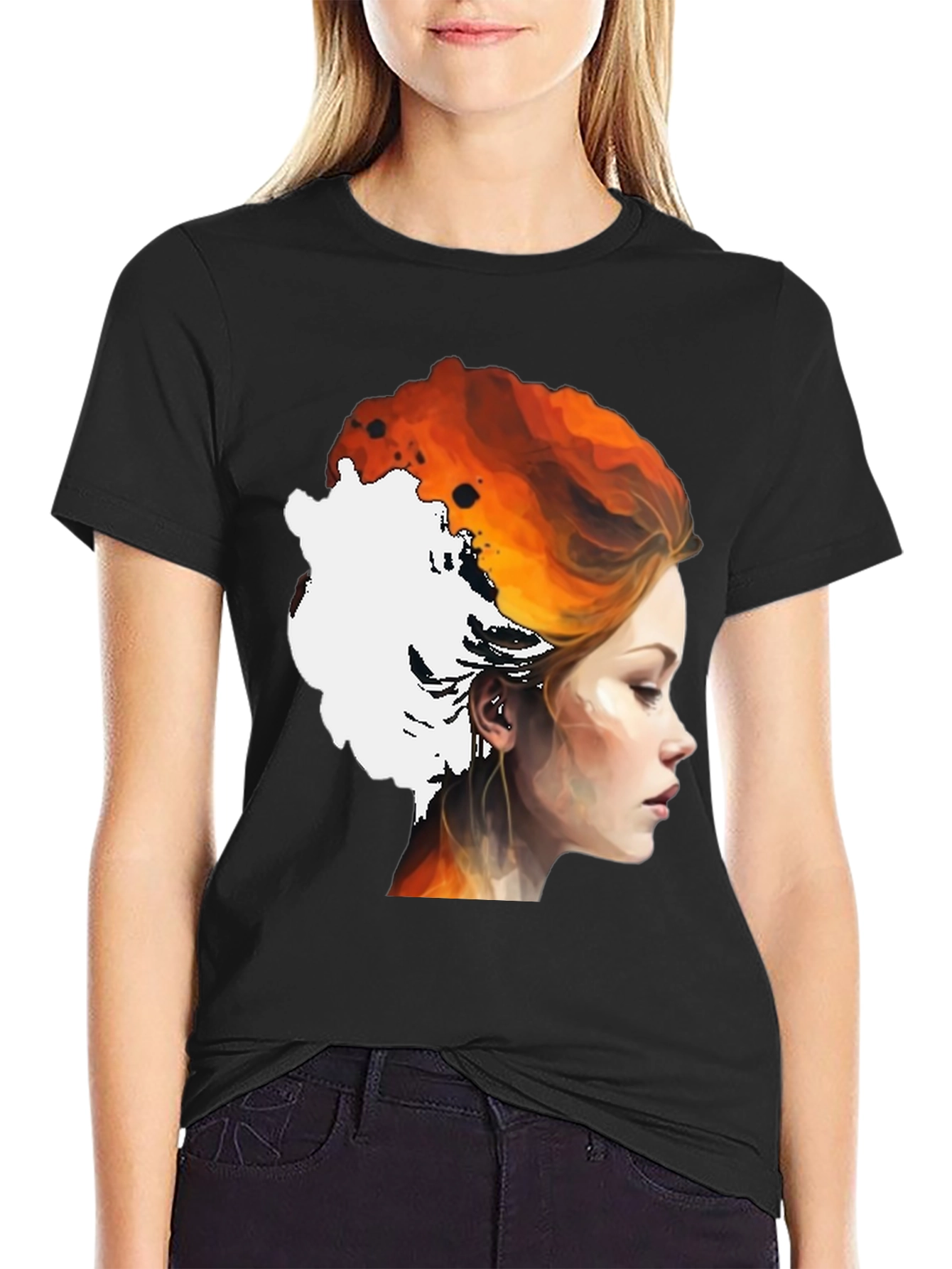 Fiery Woman Graphic Tee - Artistic Portrait Shirt