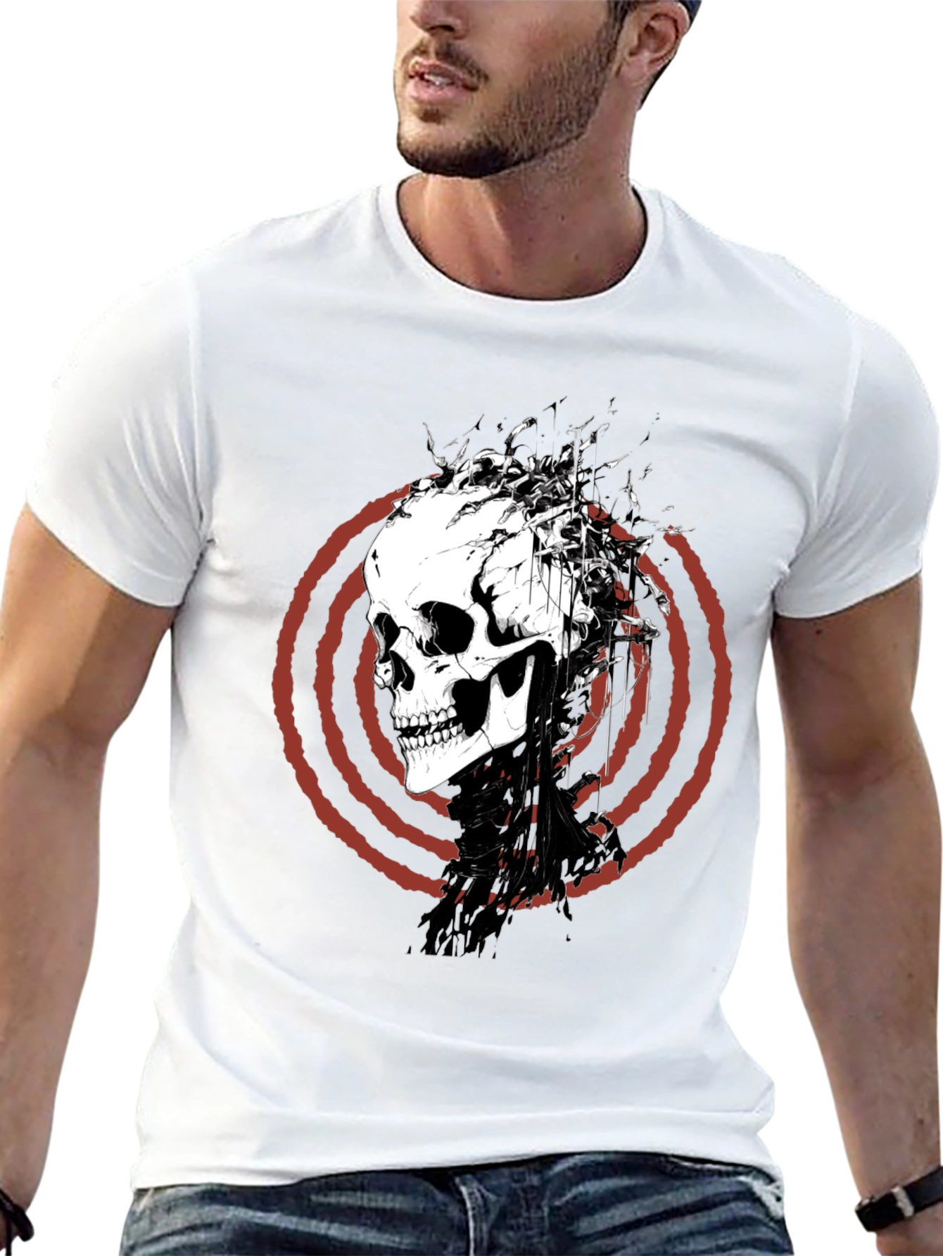Skull Graphic Tee - Red Spiral Design