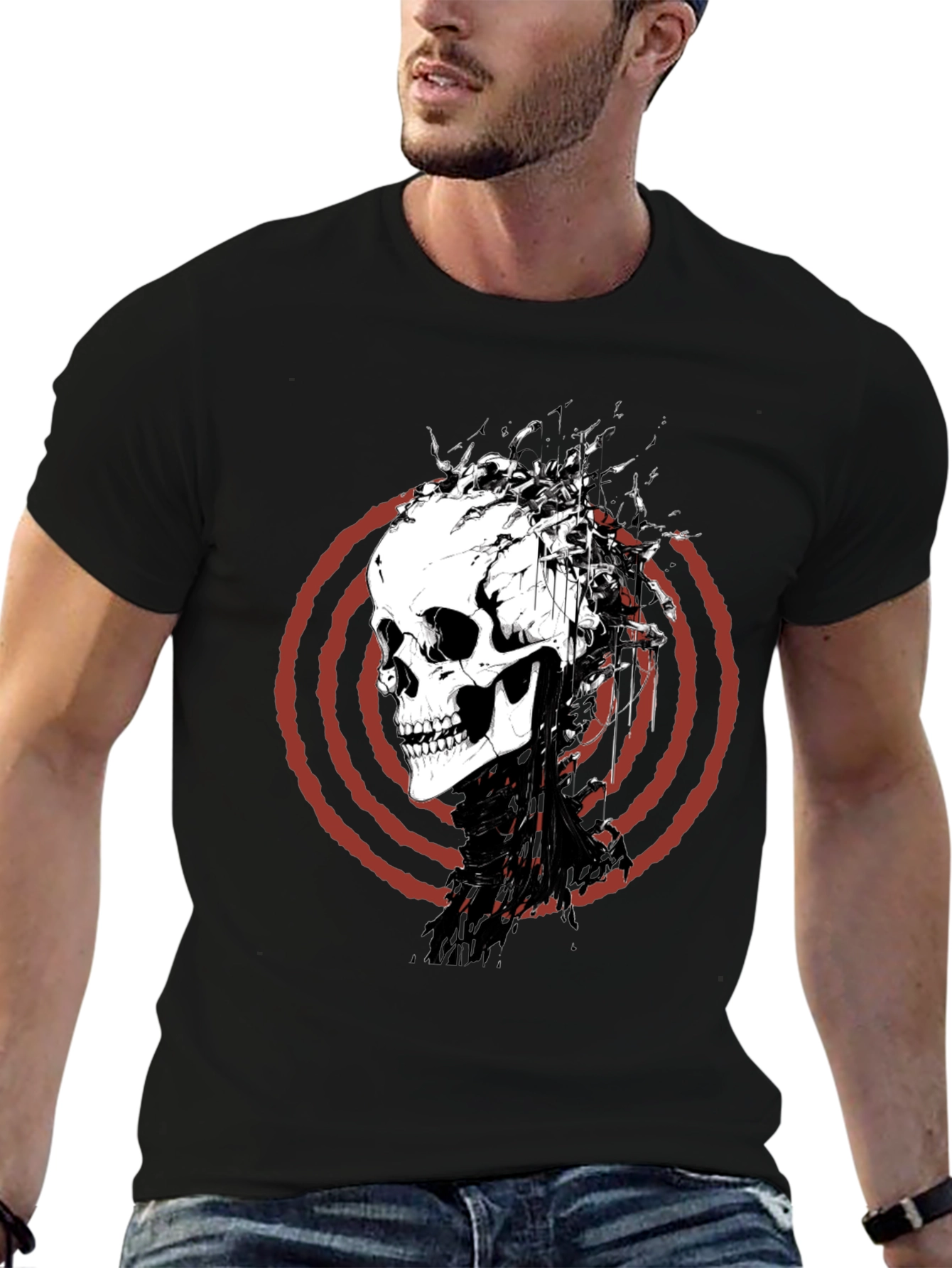 Skull Graphic Tee - Red Spiral Design