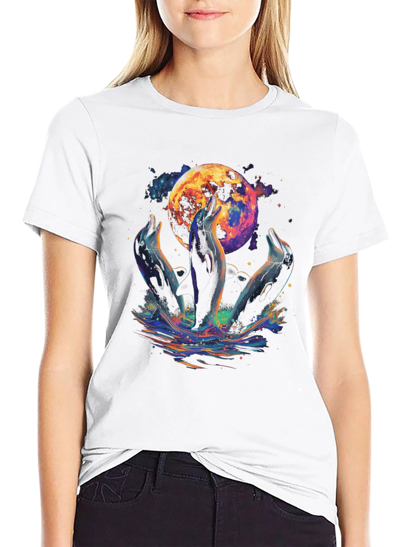 Dolphin Moon Graphic T-Shirt - Black