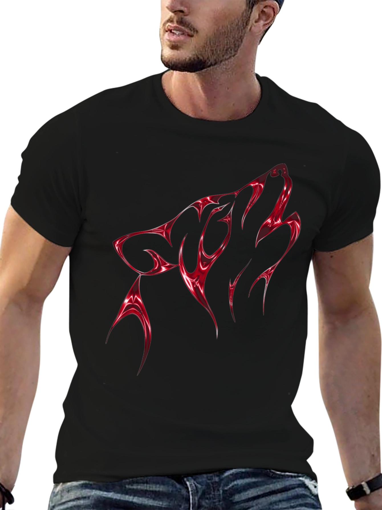 Bold Red Wolf Graphic Tee - Mens Black T-Shirt