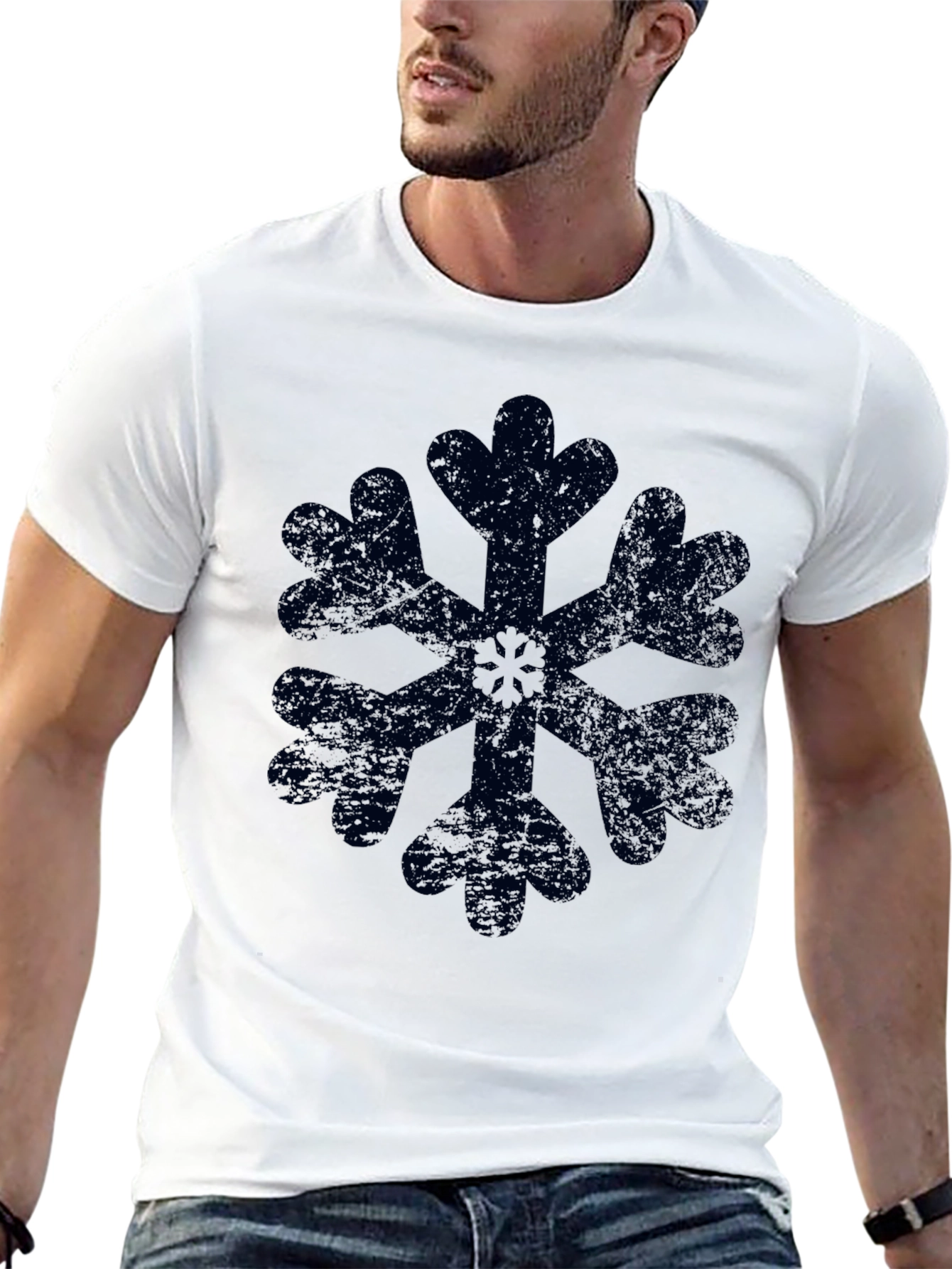 Snowflake Graphic Black T-Shirt Distressed Print