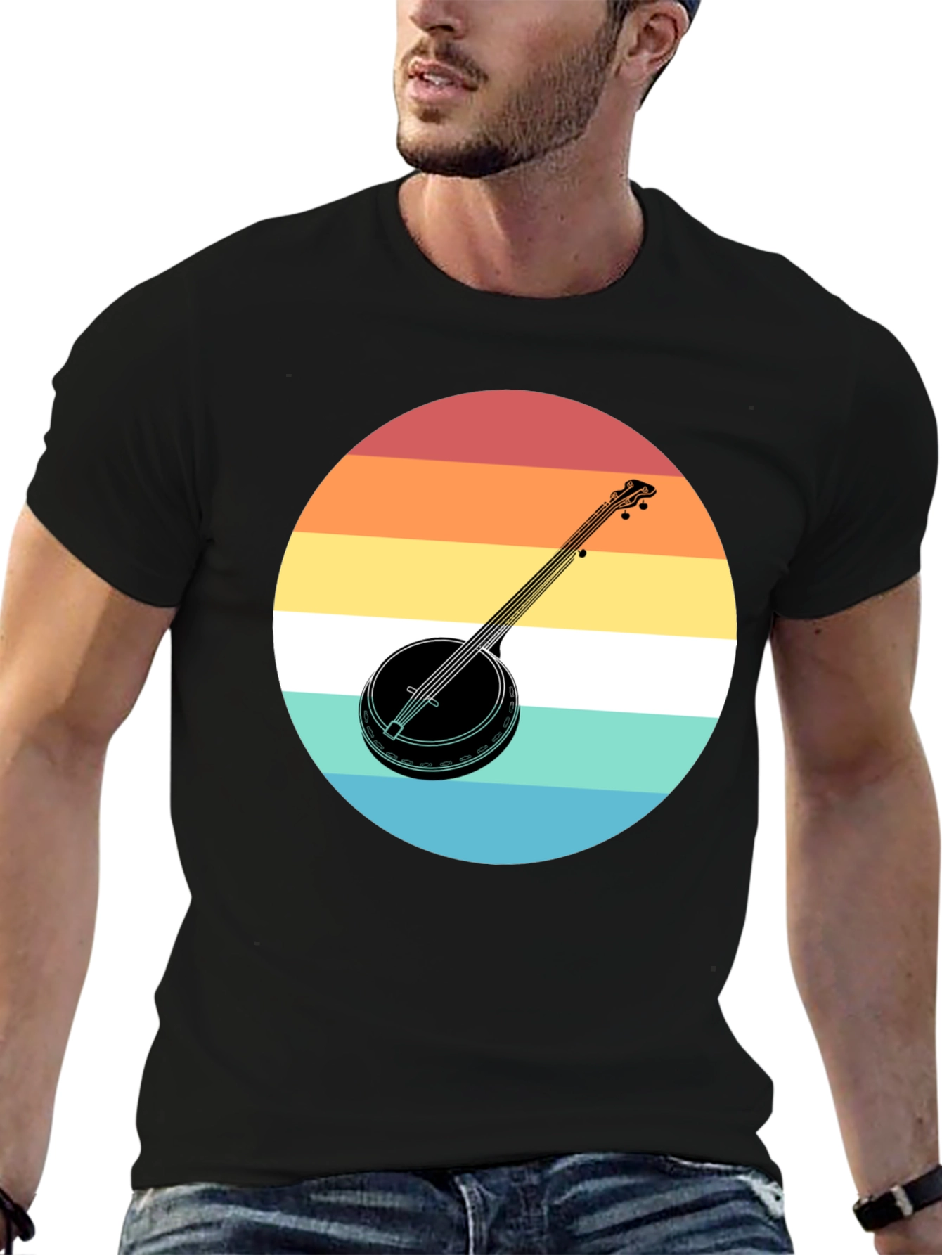 Retro Banjo Sunset Graphic Tee - Black Cotton T-Shirt