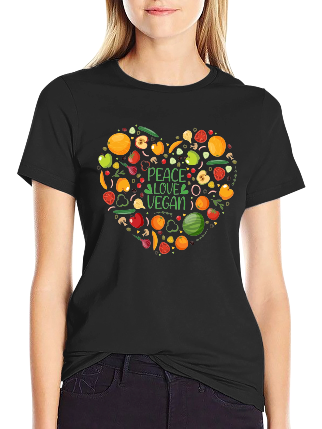 Peace Love Vegan T-Shirt - Heart Veggie Design