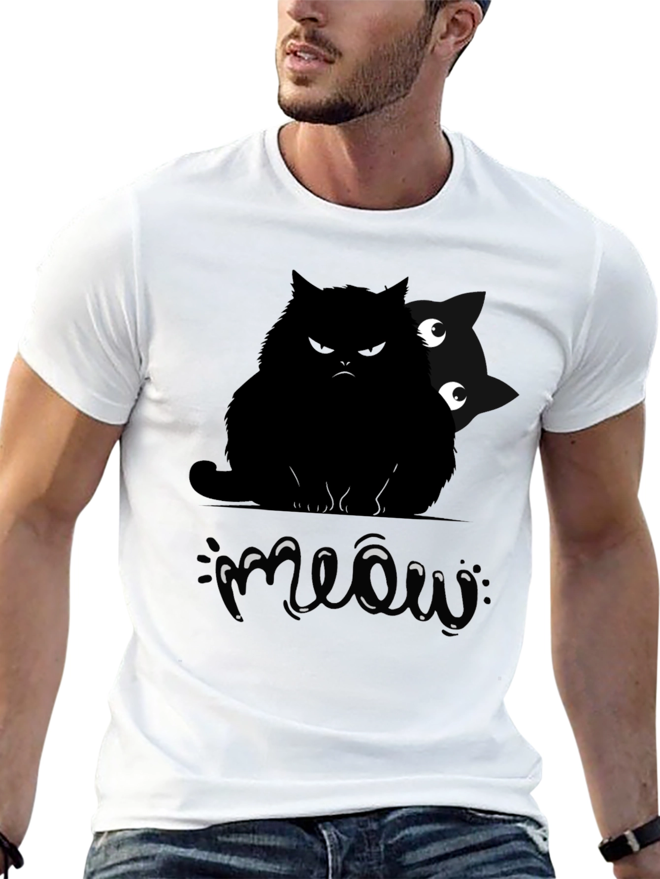 Mens Black Cat Meow Graphic T-Shirt