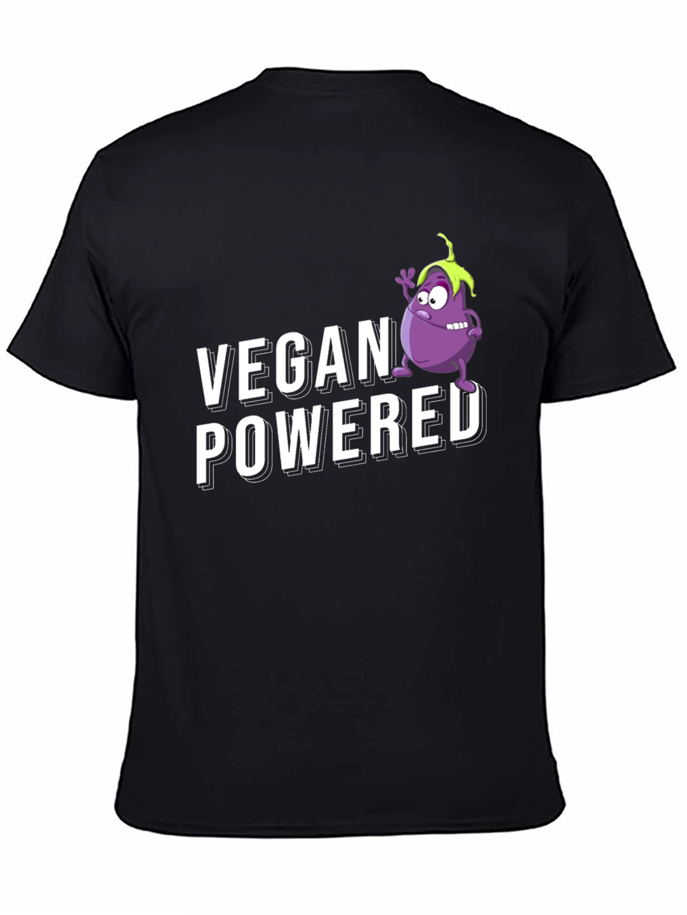 Vegan Powered Black T-Shirt with Eggplant Graphic