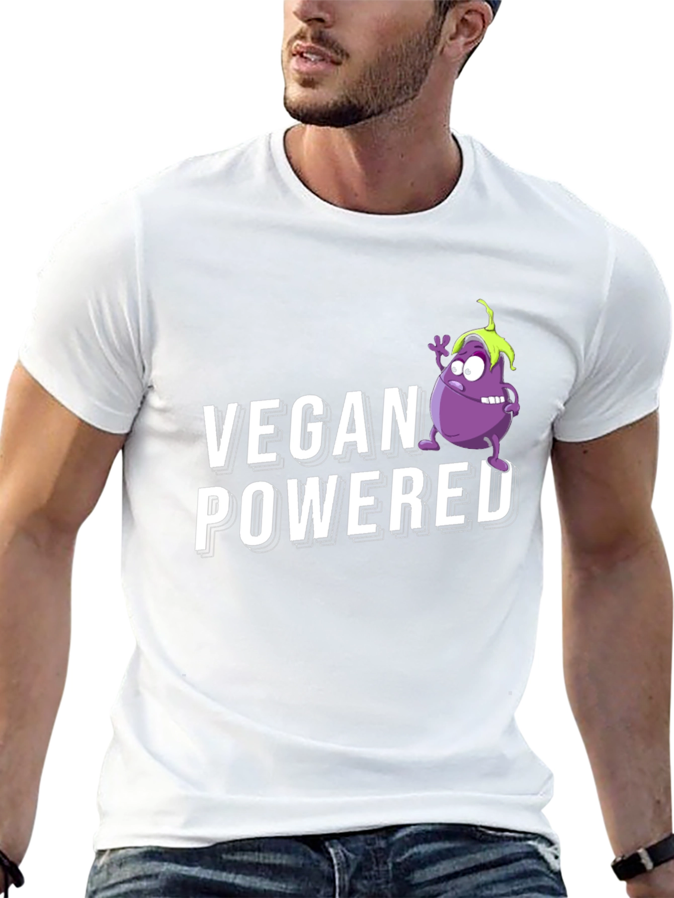 Vegan Powered Black T-Shirt with Eggplant Graphic