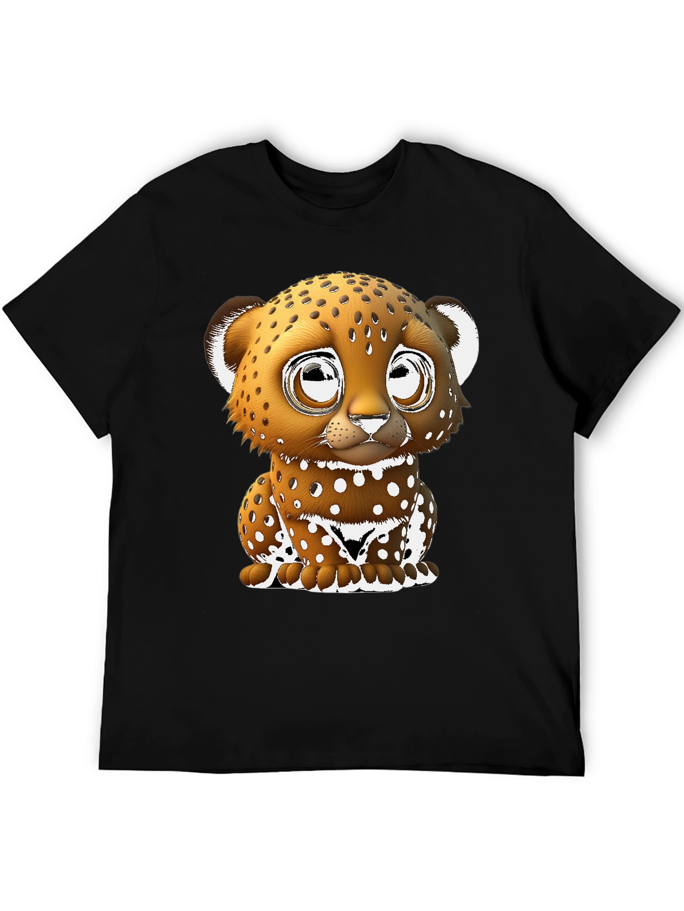 Cute Cartoon Leopard Graphic Tee - Black Cotton Blend