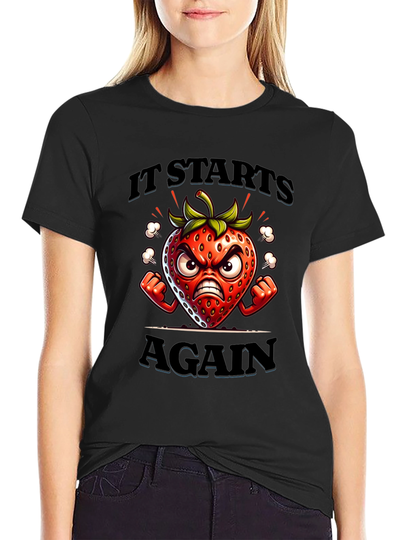 Angry Strawberry Cartoon Graphic T-Shirt