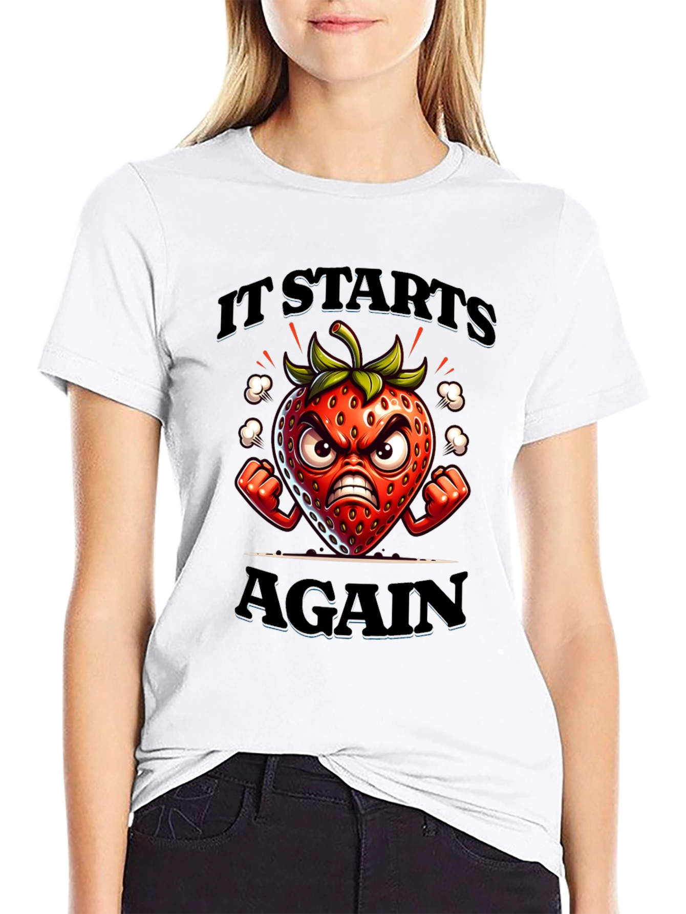 Angry Strawberry Cartoon Graphic T-Shirt