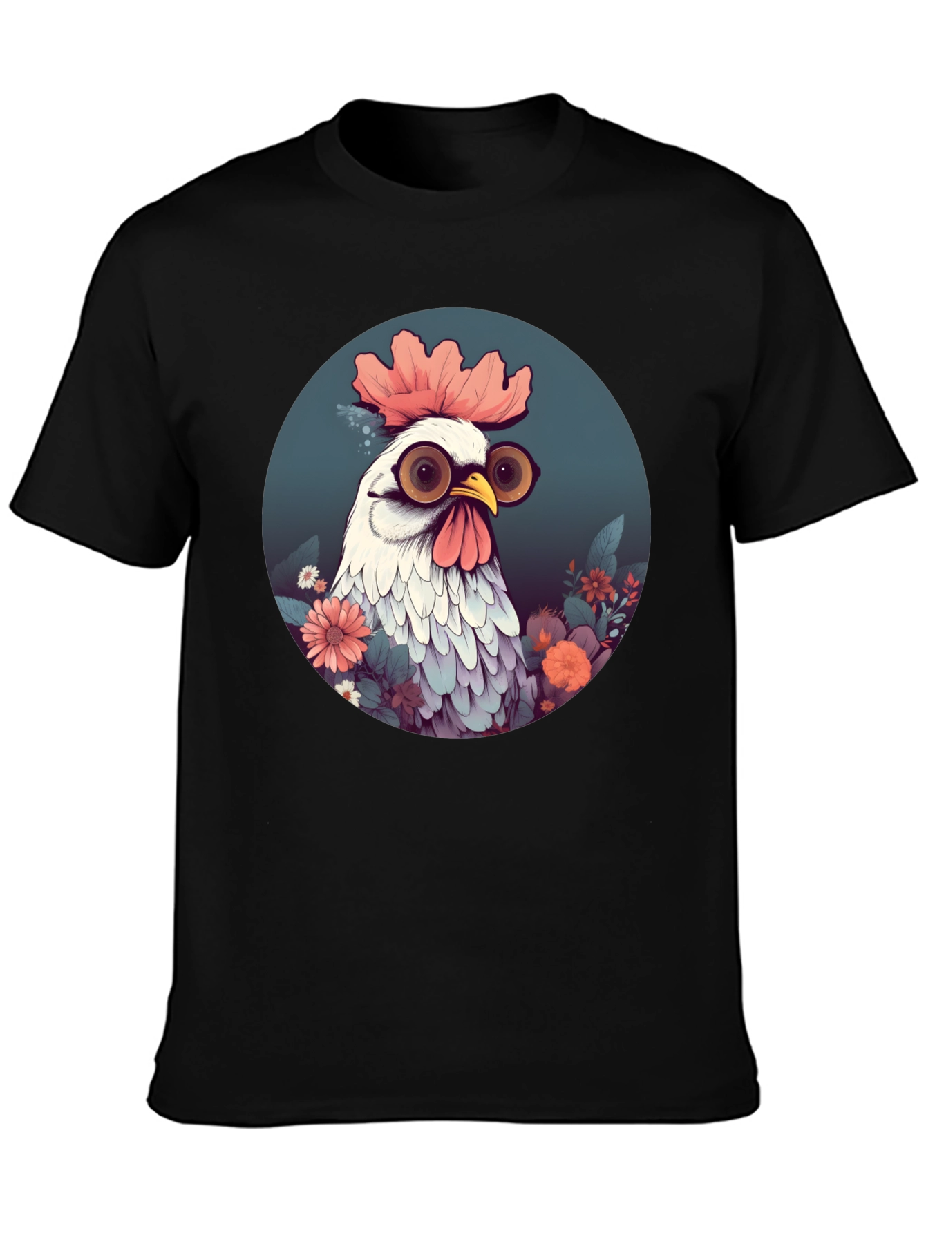 Quirky Chicken Graphic Tee - Round Neck Black