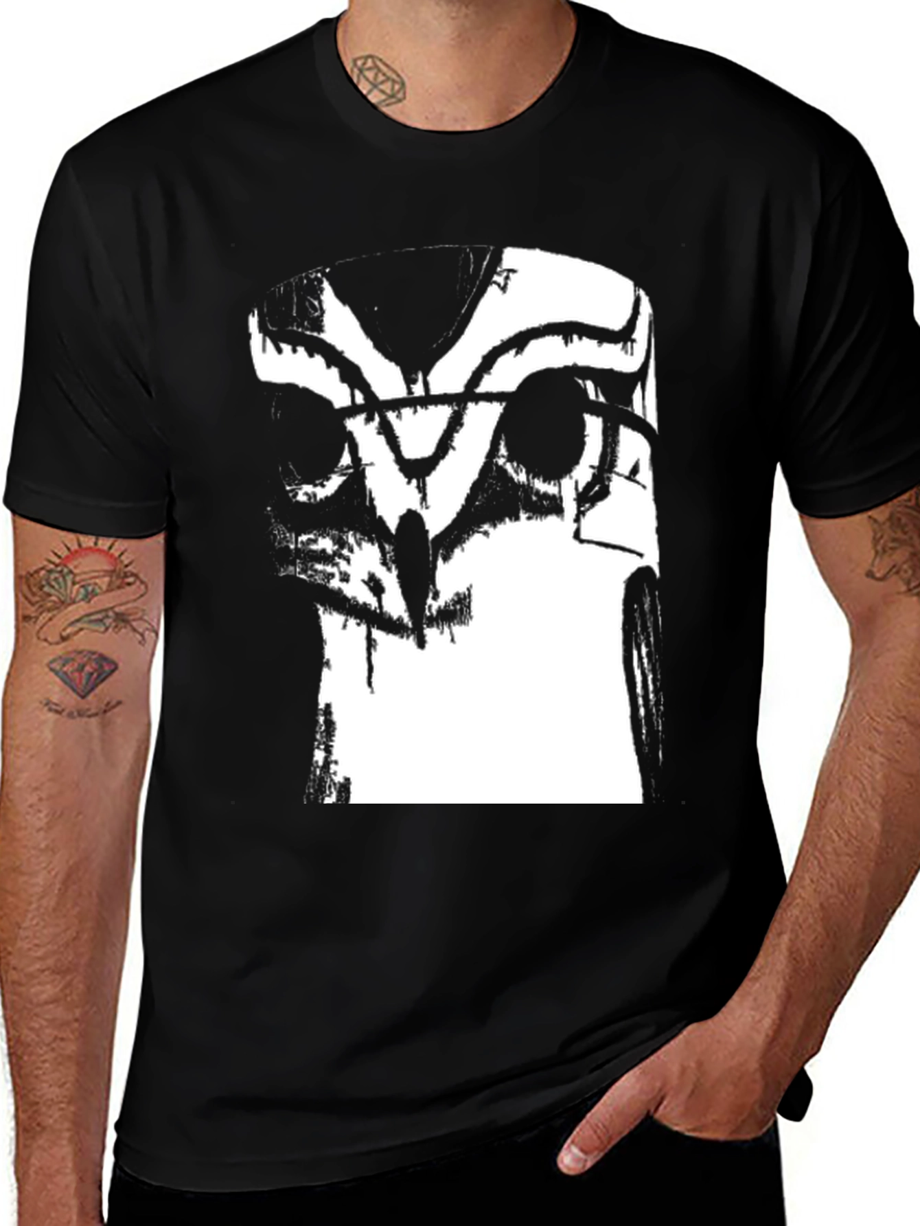 Abstract Owl Graphic Tee - Black Cotton Blend