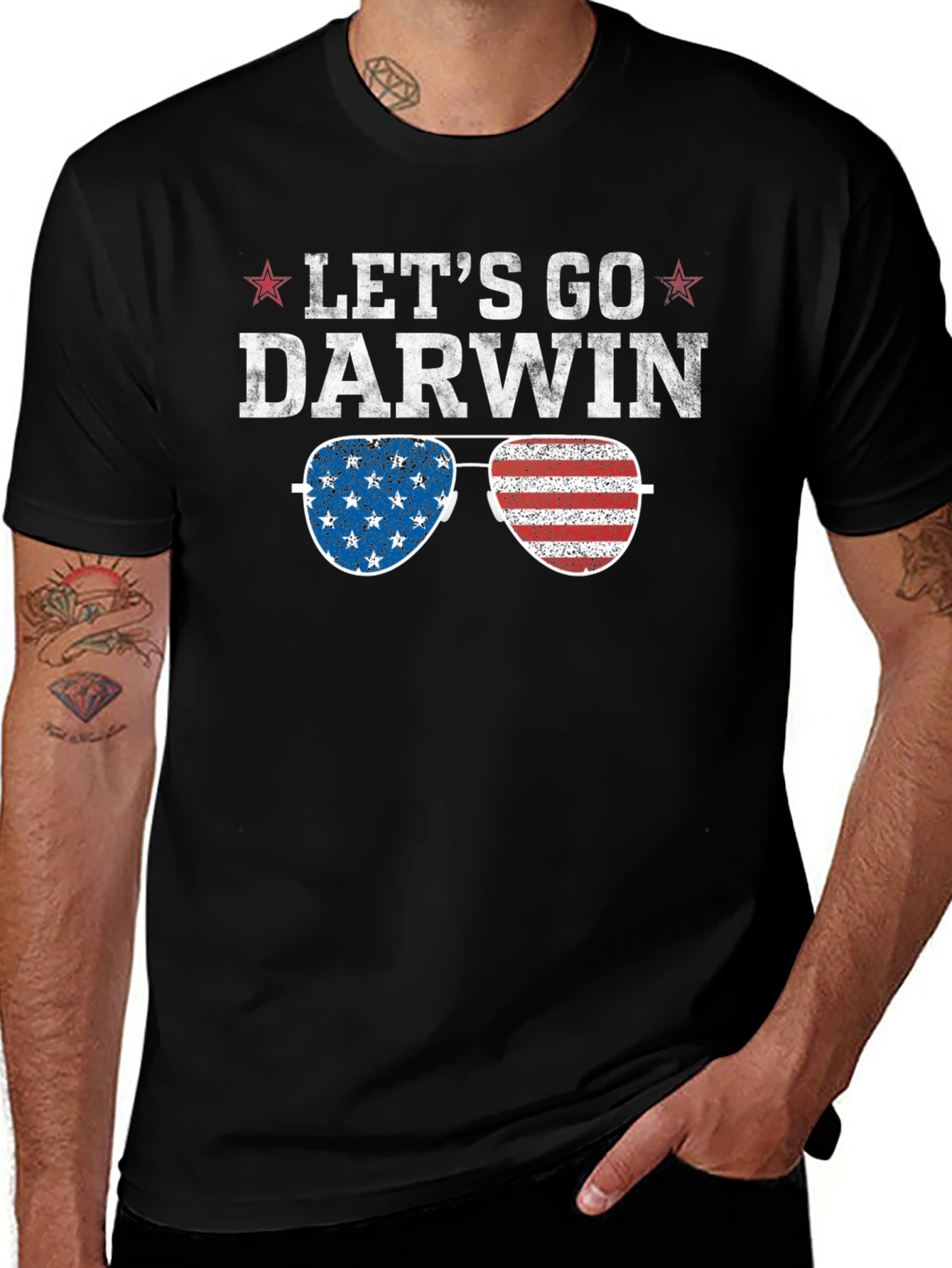 Lets Go Darwin Graphic Tee - American Flag Sunglasses