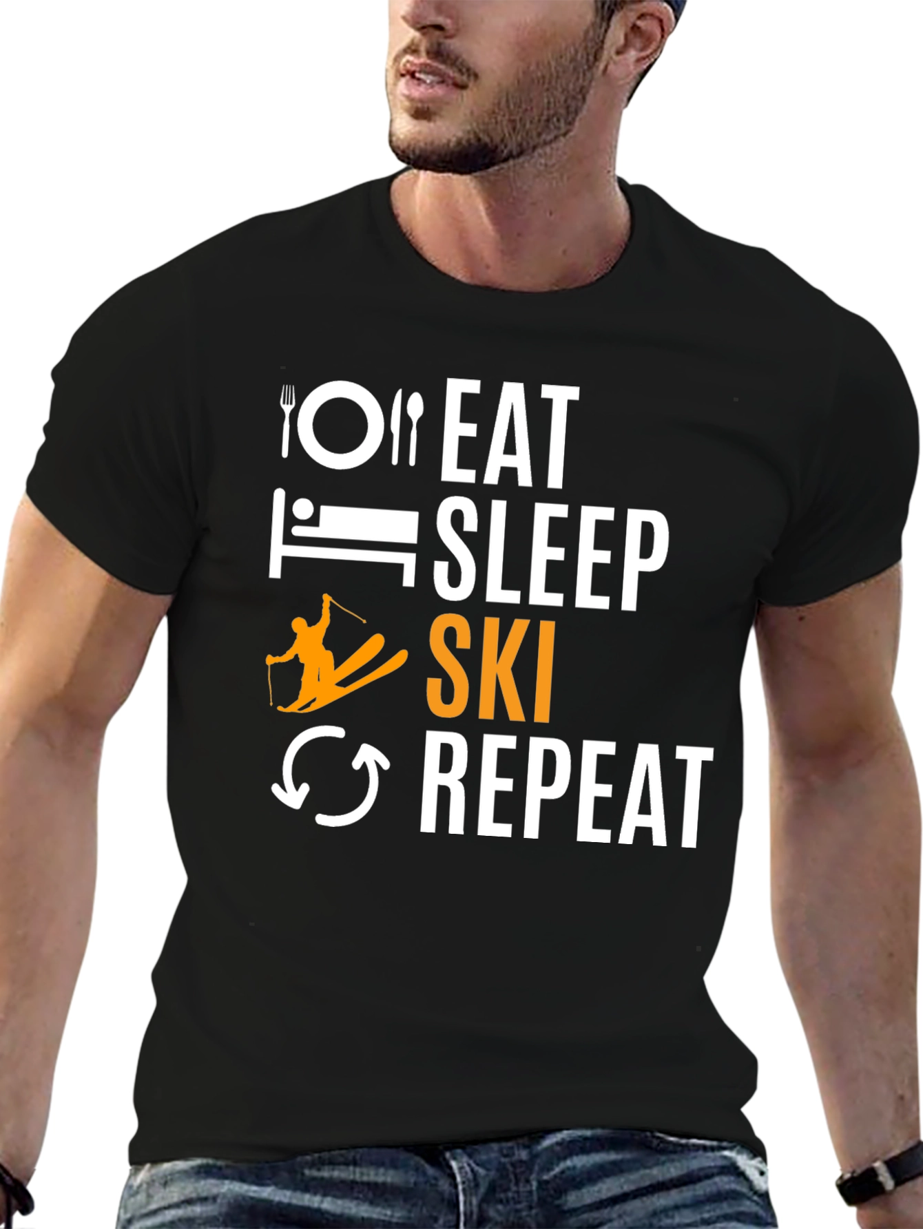 Eat Sleep Ski Repeat Black Graphic Tee
