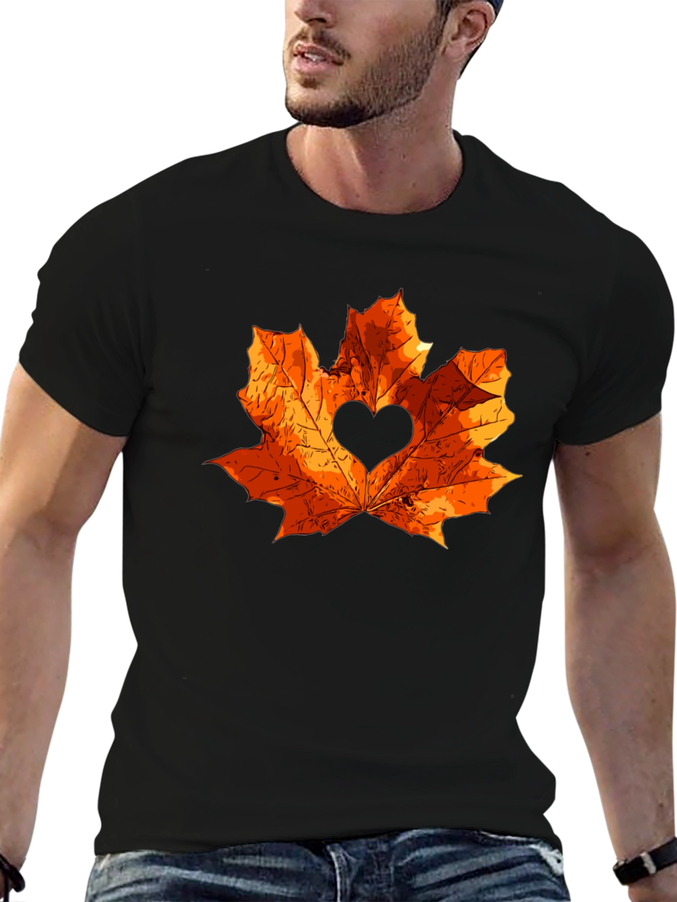 Autumn Love Maple Leaf Black T-Shirt