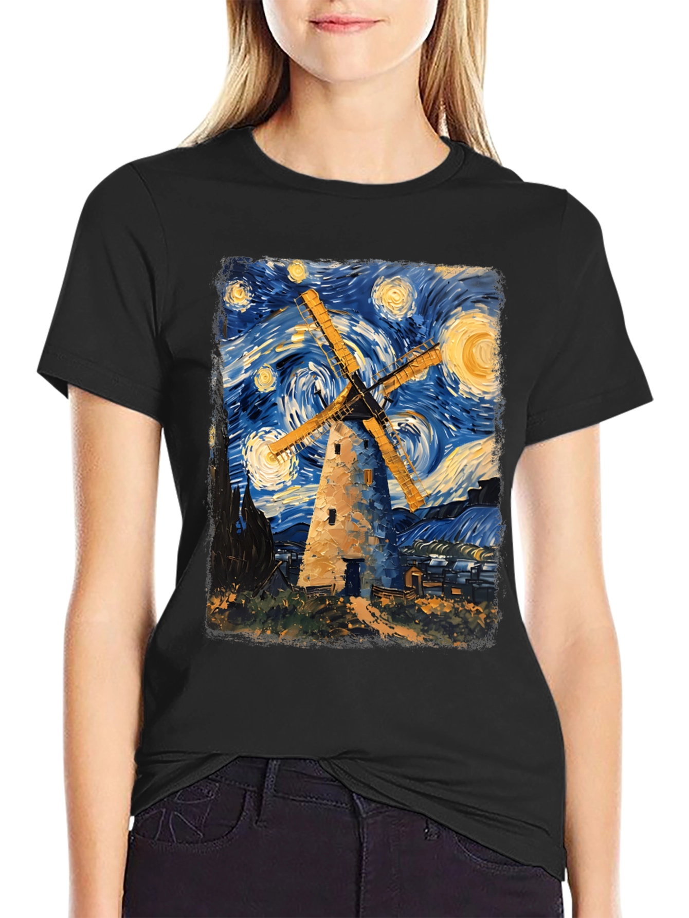 Starry Night Windmill Graphic T-Shirt