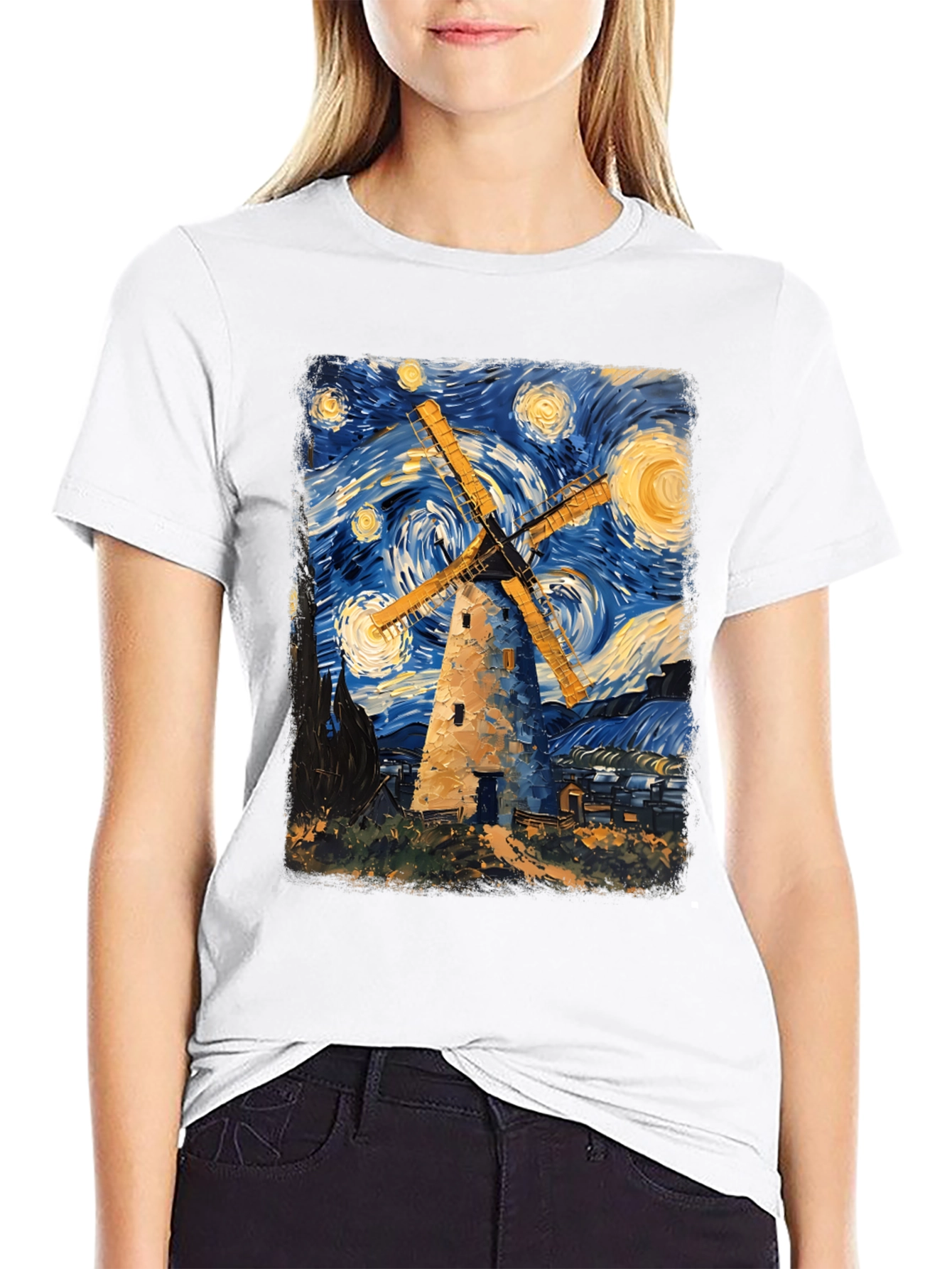Starry Night Windmill Graphic T-Shirt