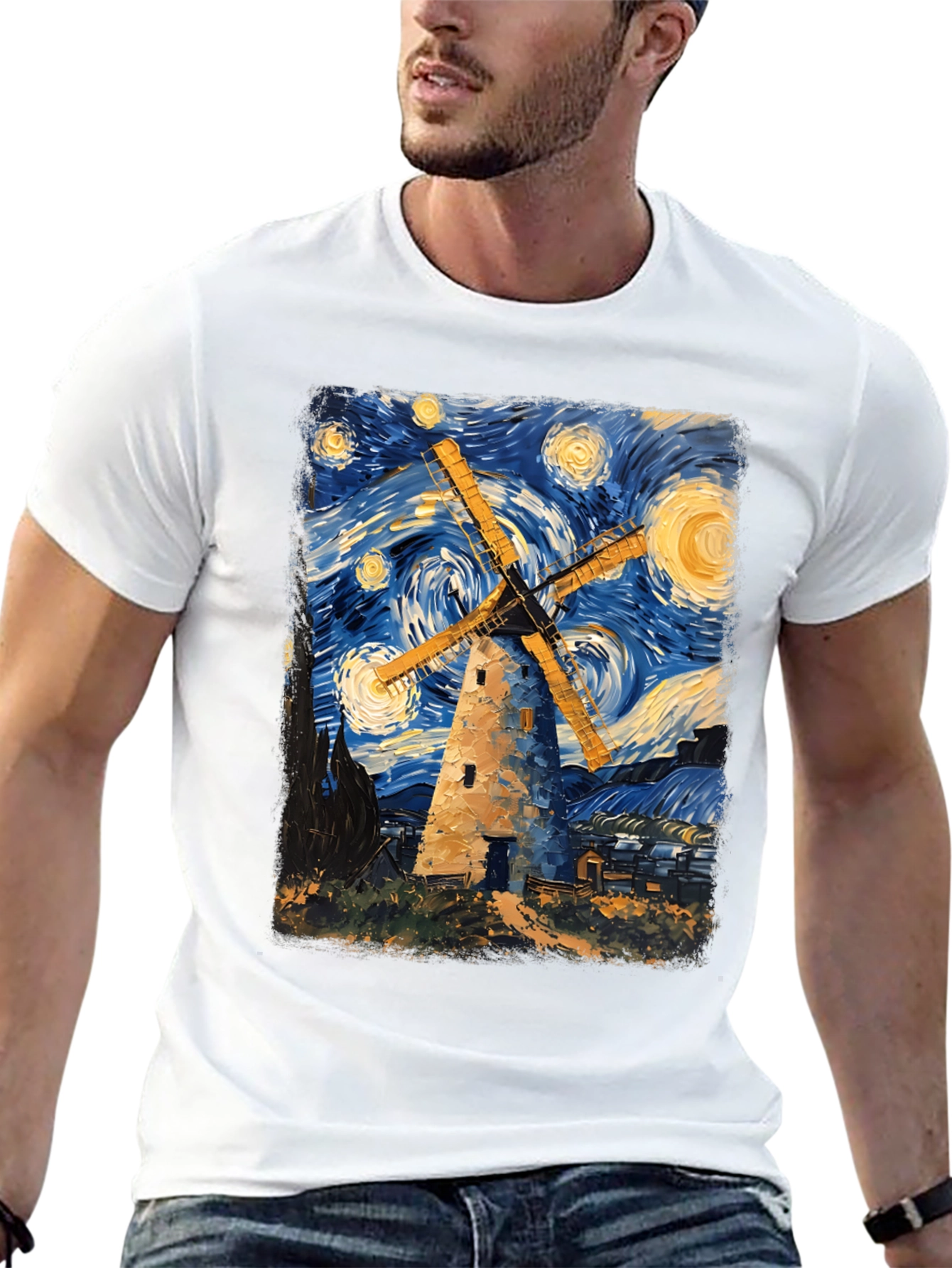 Starry Night Windmill Graphic T-Shirt