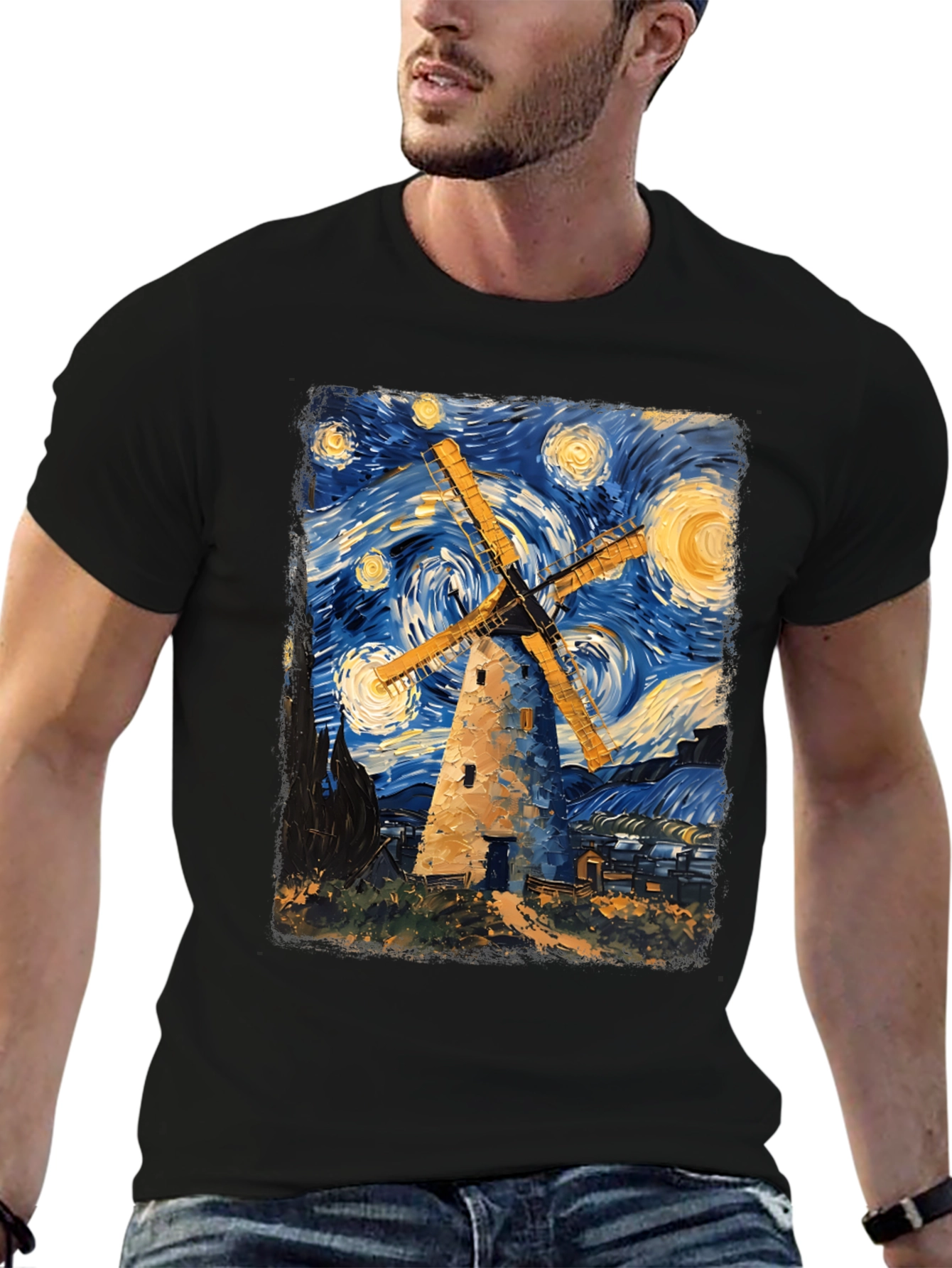 Starry Night Windmill Graphic T-Shirt