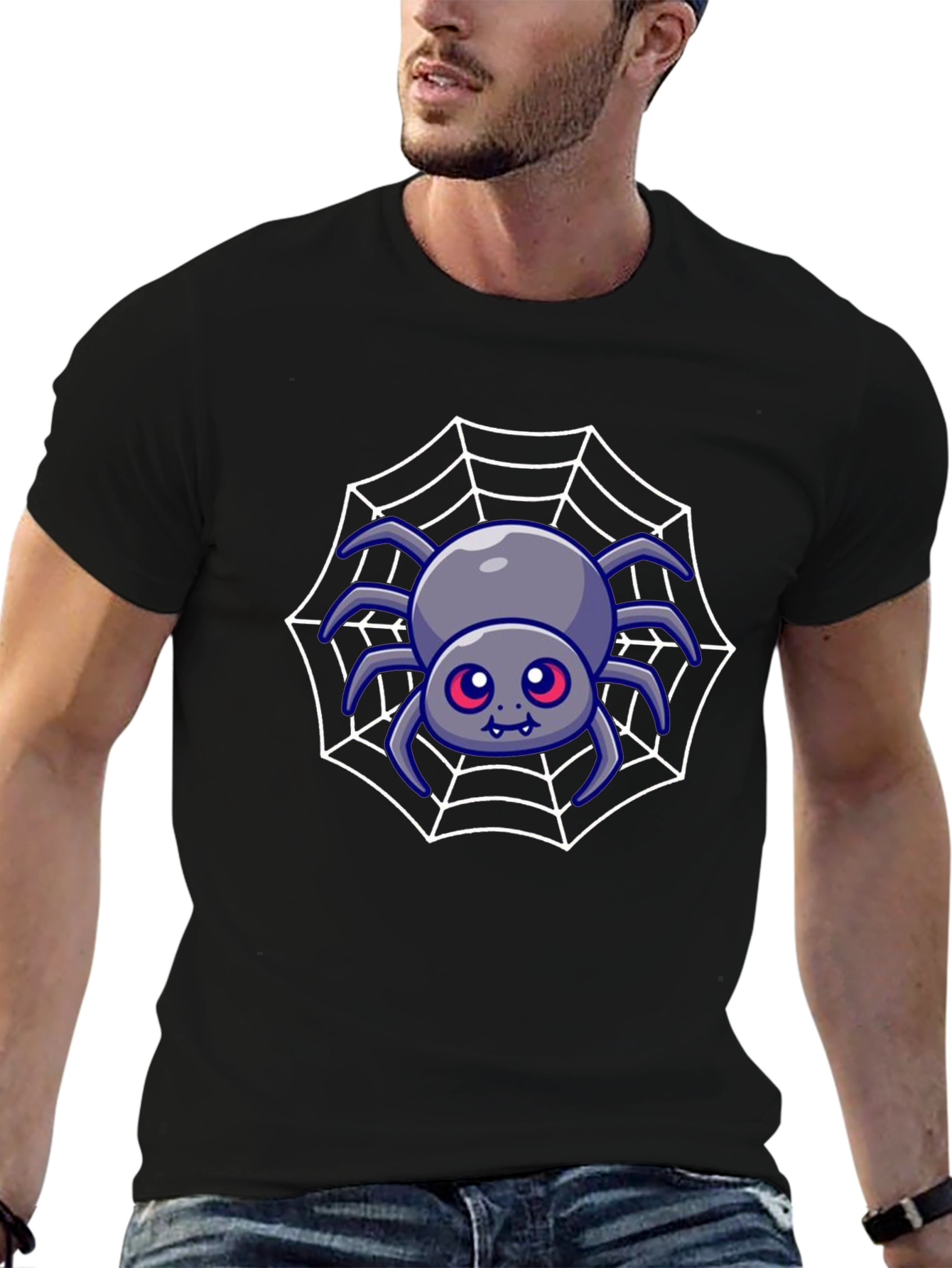 Cute Spider Web Graphic Tee - Black Cotton Blend