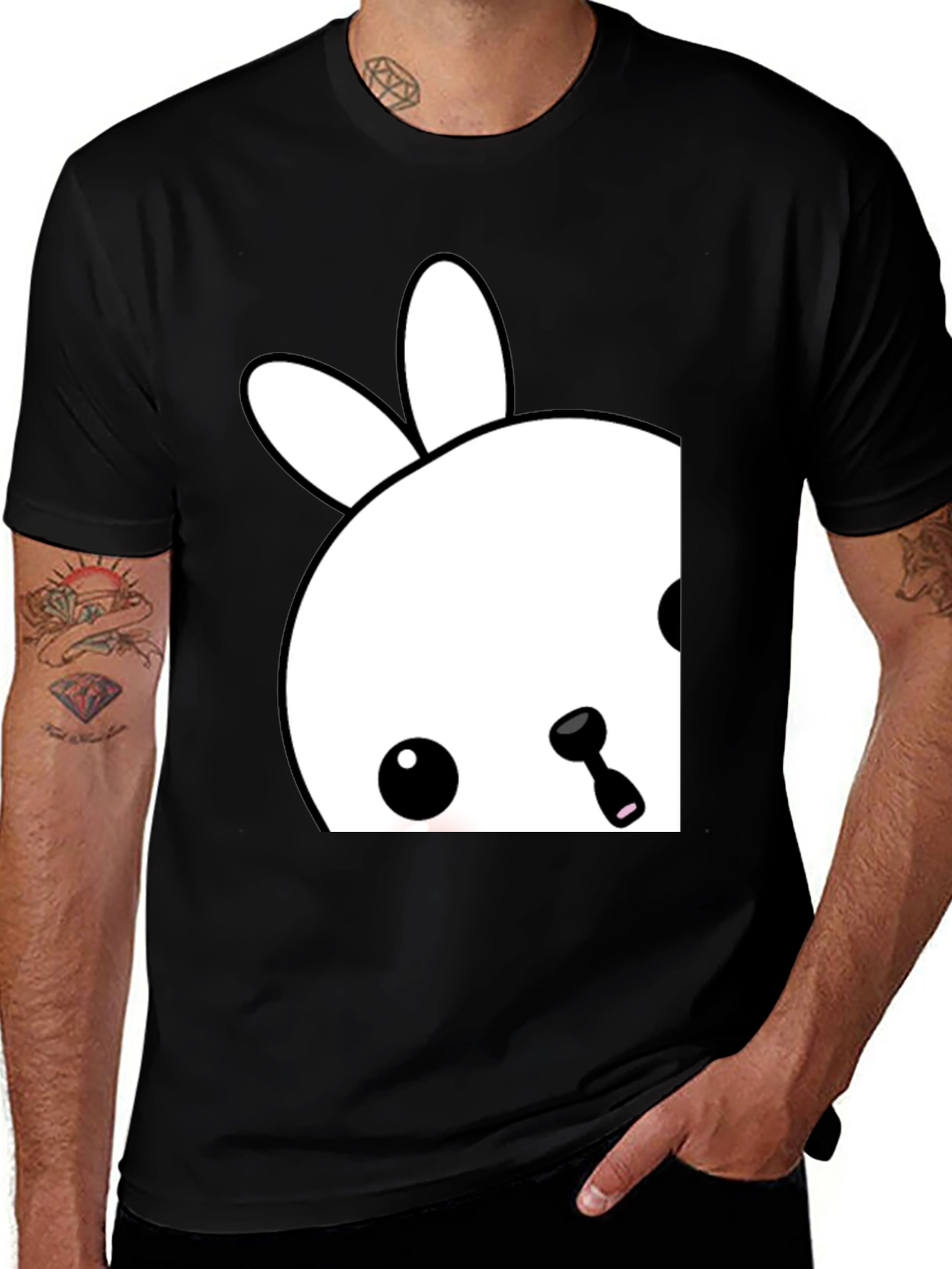 Cute Bunny Graphic Tee - Black Cotton Blend