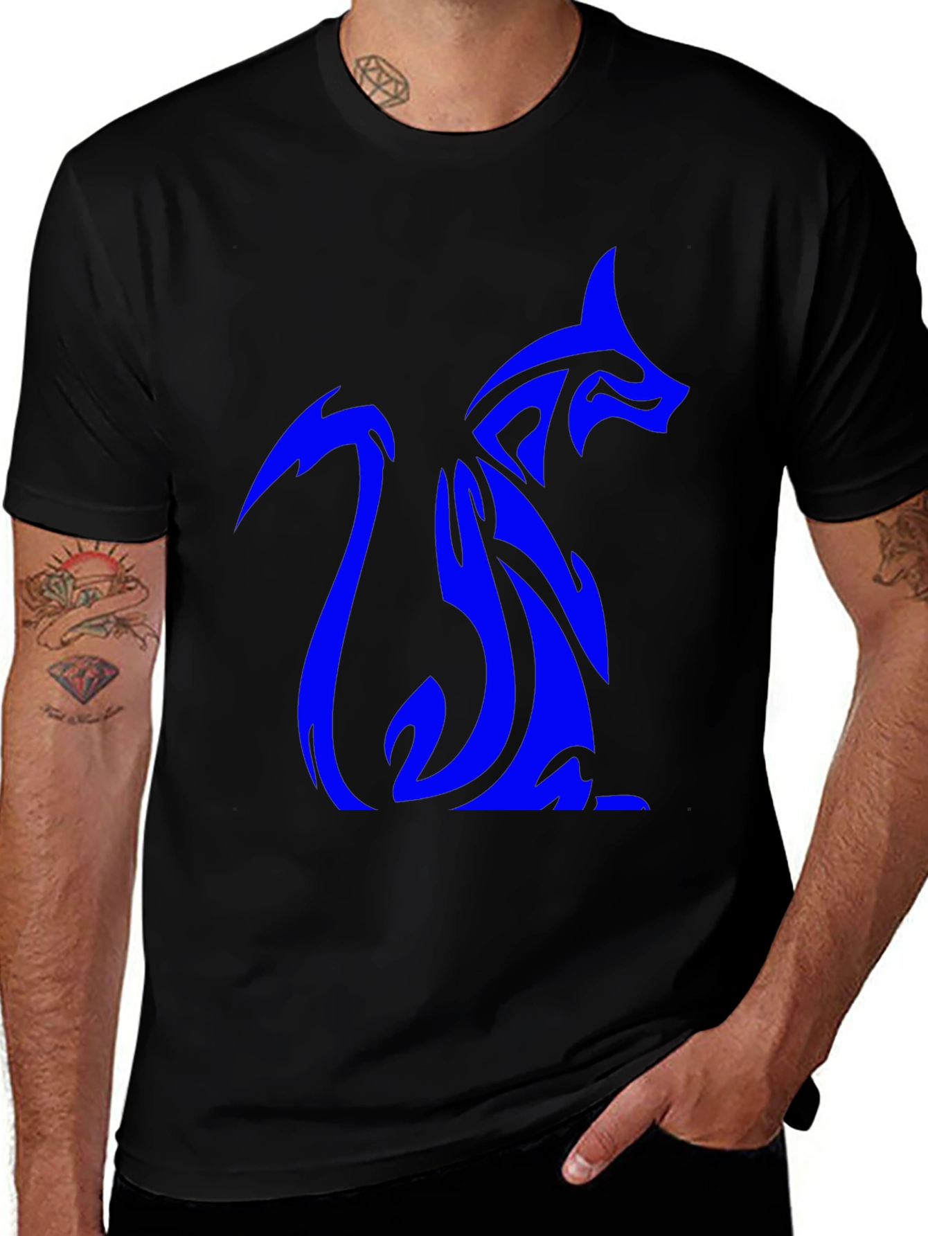 Tribal Blue Fox Design Black T-Shirt