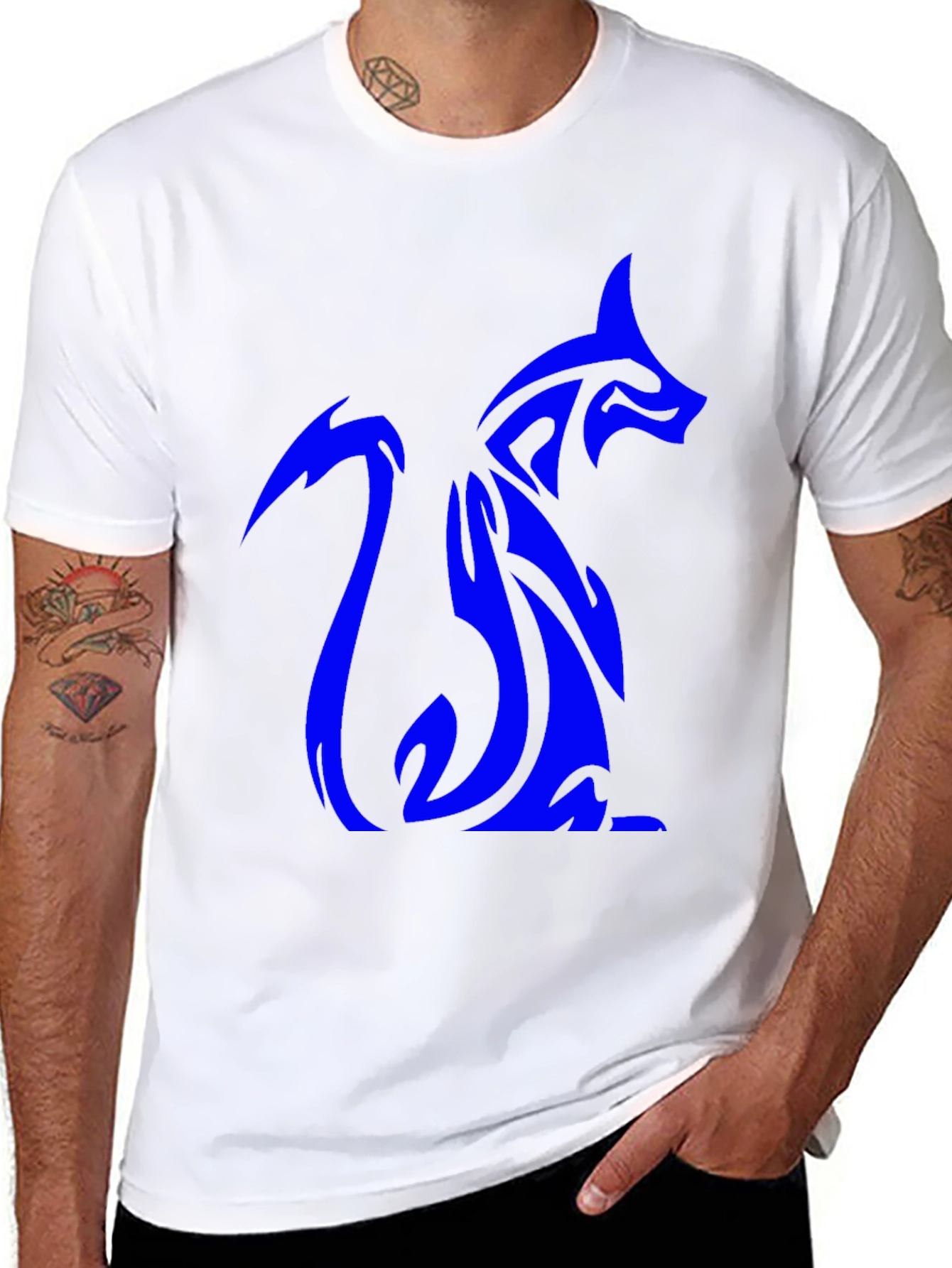 Tribal Blue Fox Design Black T-Shirt