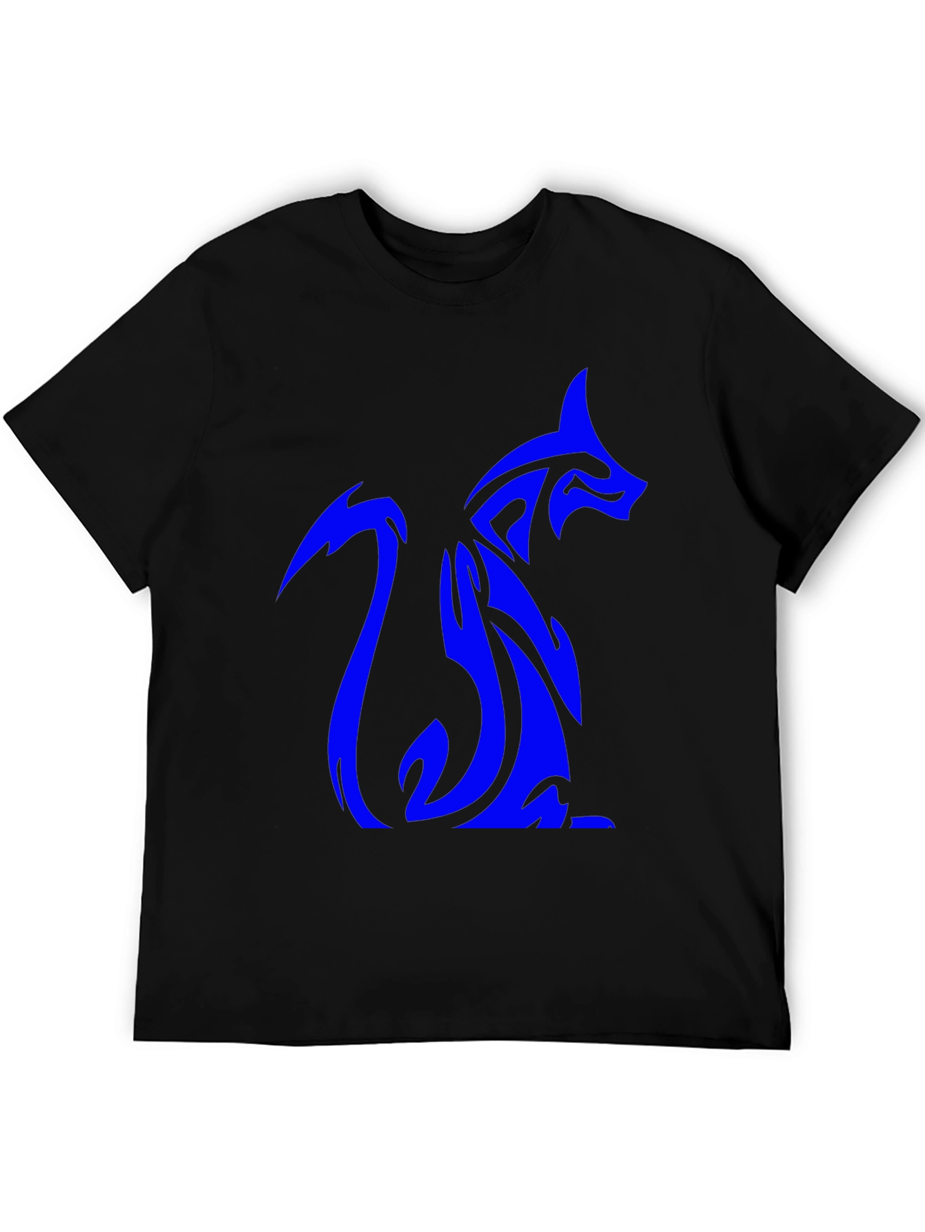 Tribal Blue Fox Design Black T-Shirt