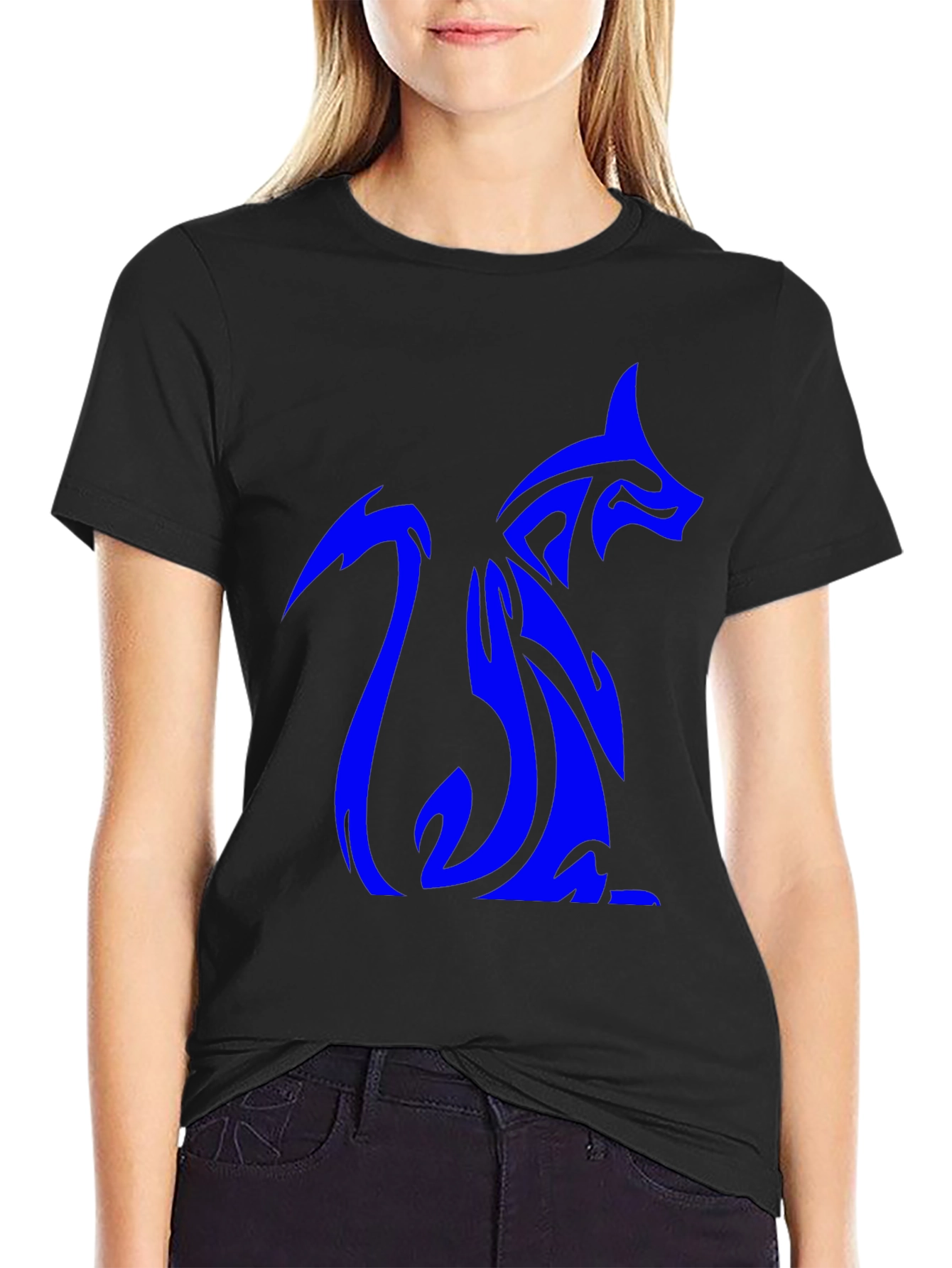 Tribal Blue Fox Design Black T-Shirt