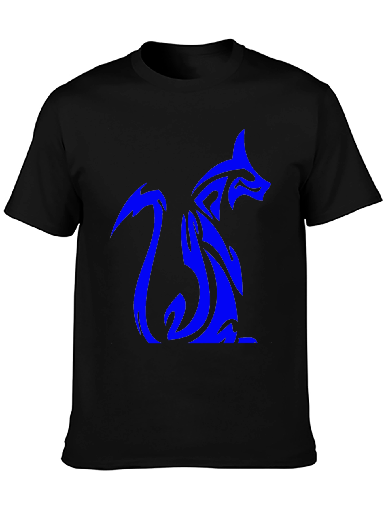 Tribal Blue Fox Design Black T-Shirt