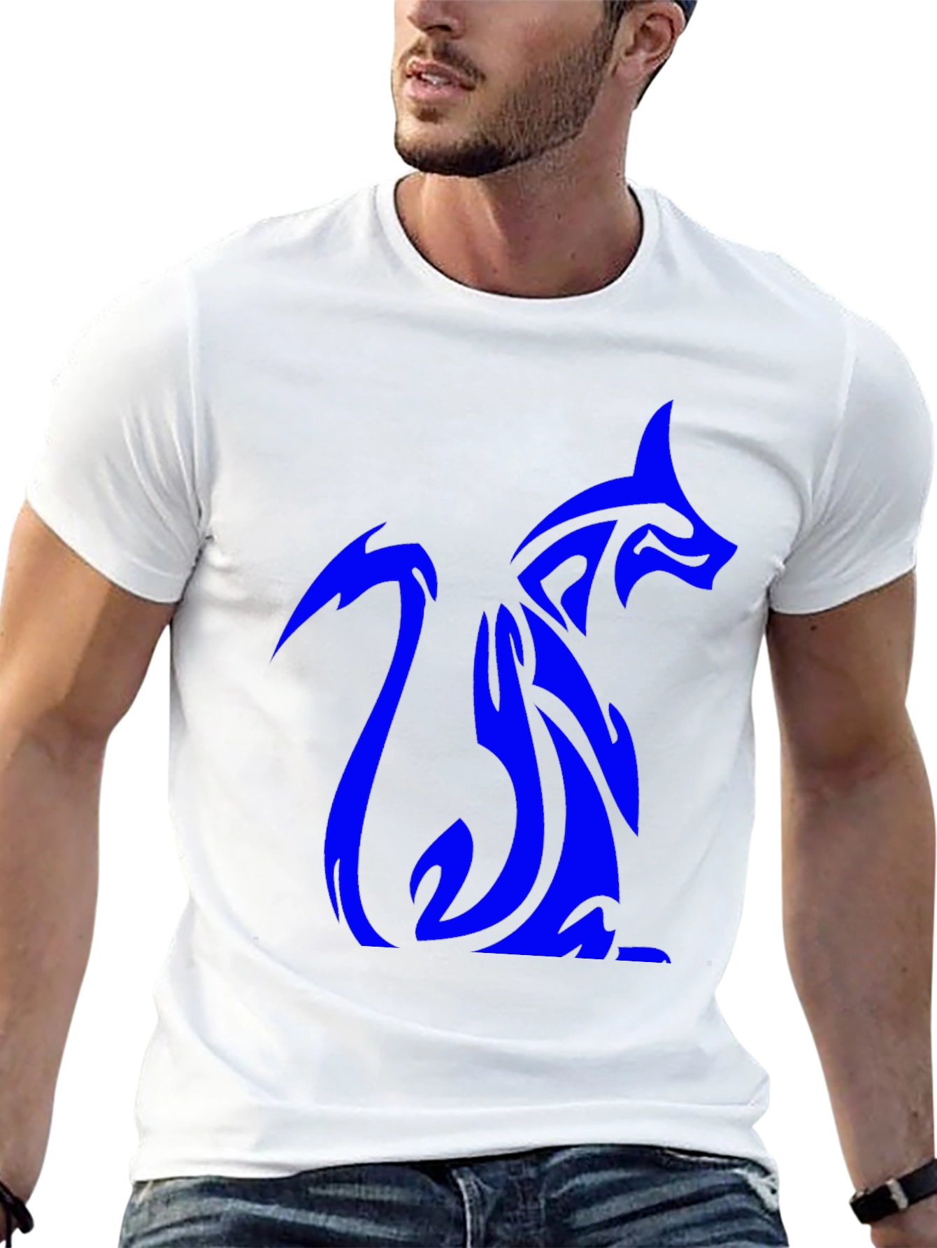 Tribal Blue Fox Design Black T-Shirt