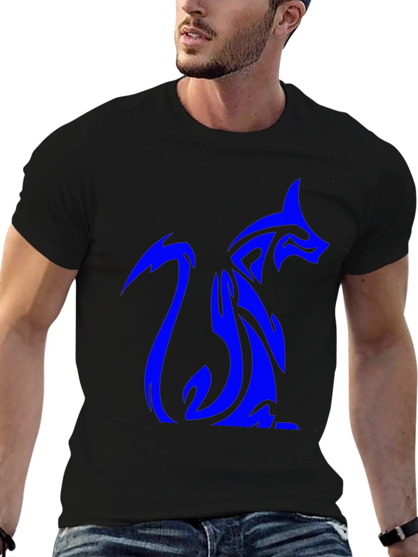 Tribal Blue Fox Design Black T-Shirt